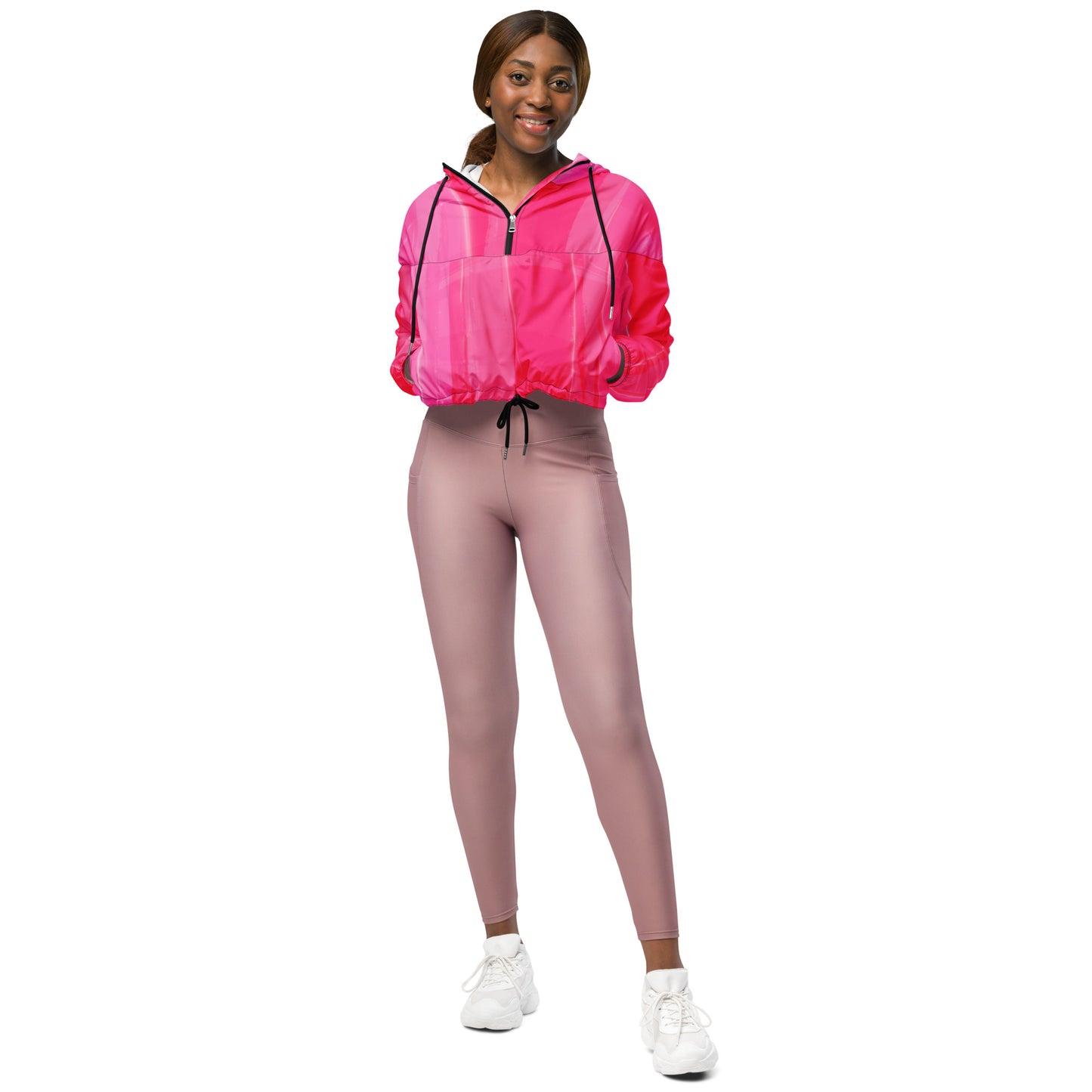 Hot Pink Cropped Windbreaker Hoodie – Women's Water-Resistant Athletic Jacket