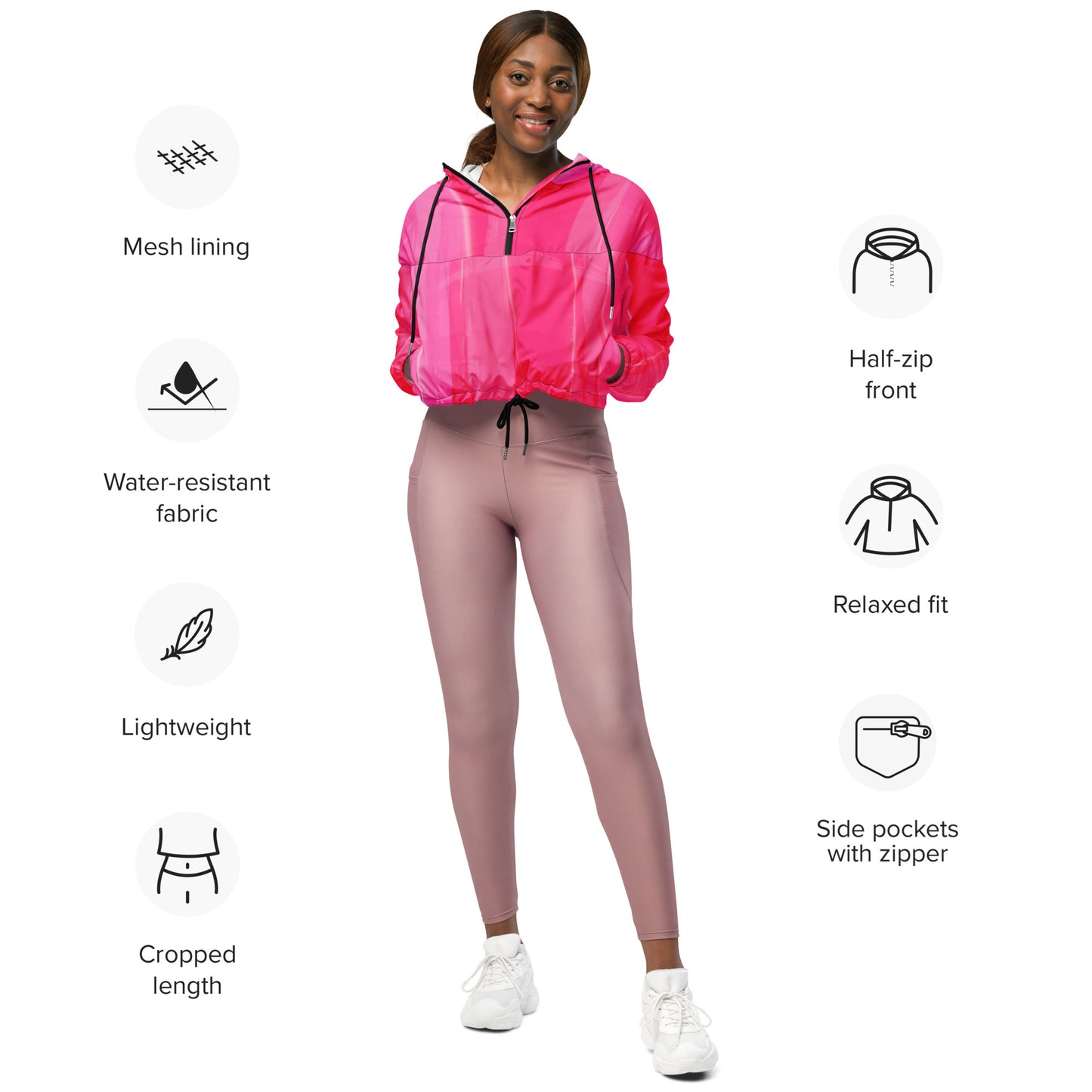 Hot Pink Cropped Windbreaker Hoodie – Women's Water-Resistant Athletic Jacket