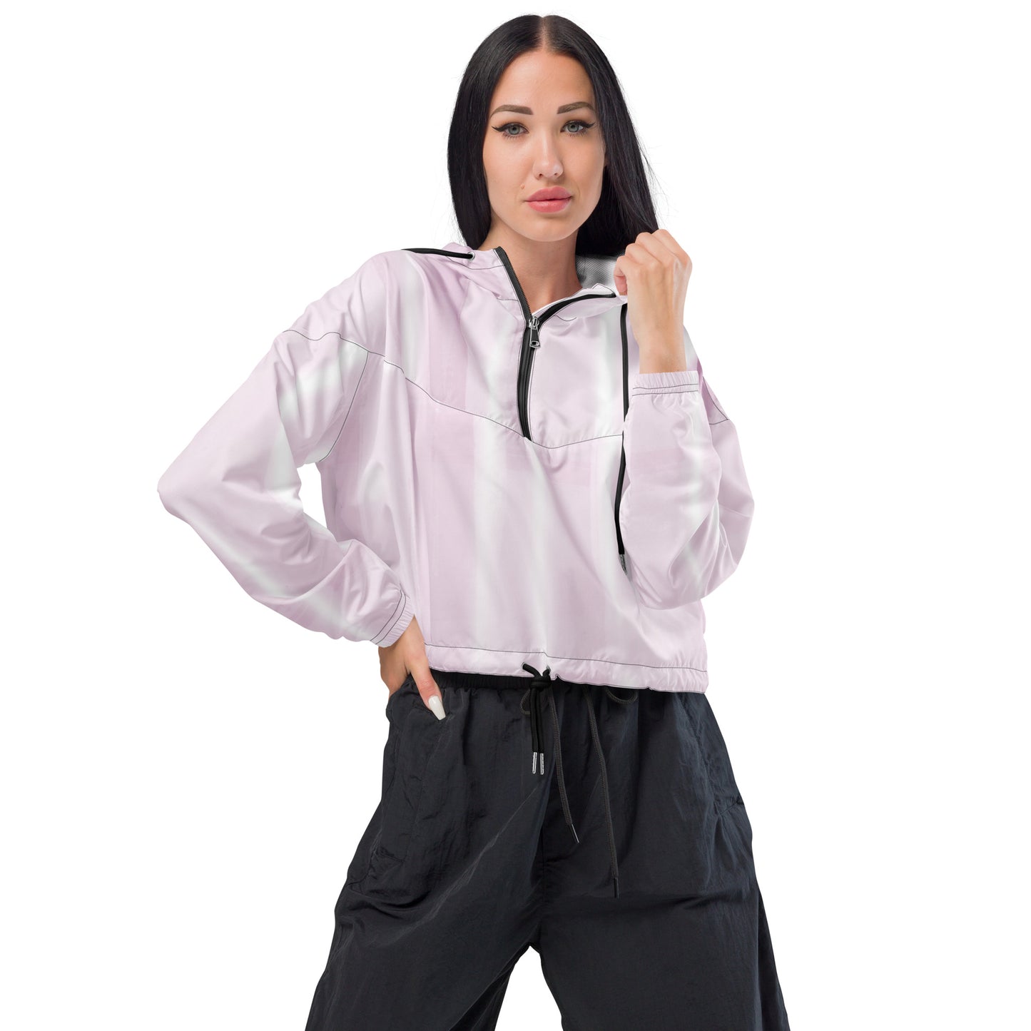 Baby Pink & White Cropped Windbreaker Hoodie – Women's Water-Resistant Jacket