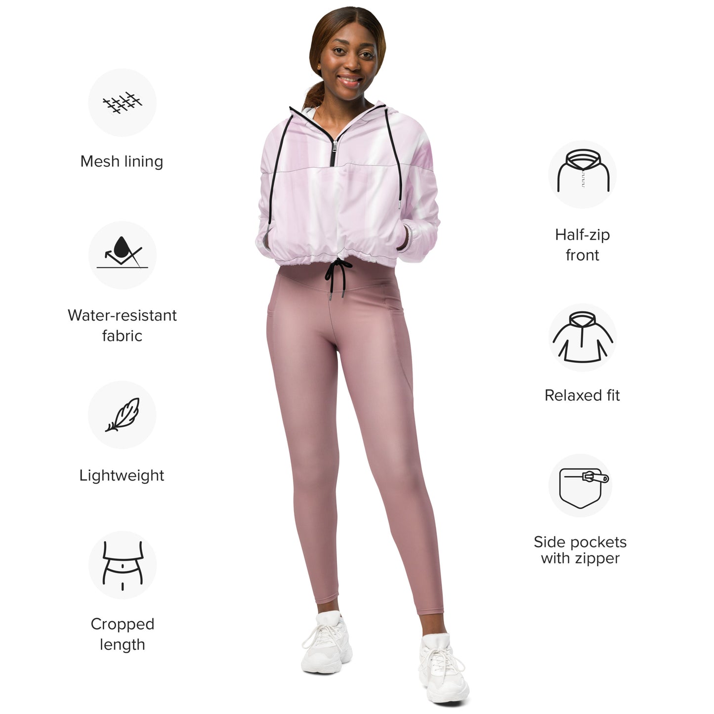 Baby Pink & White Cropped Windbreaker Hoodie – Women's Water-Resistant Jacket