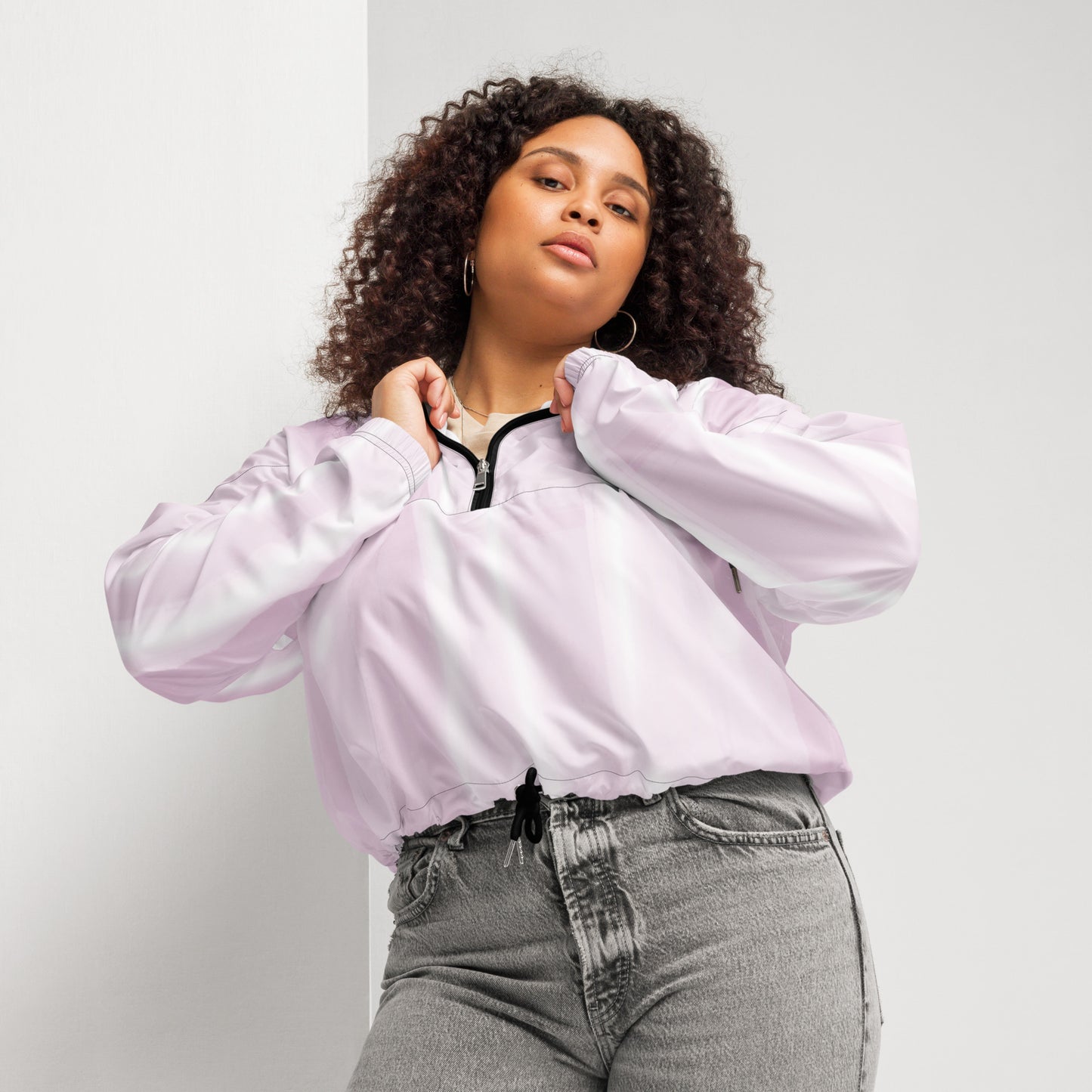 Baby Pink & White Cropped Windbreaker Hoodie – Women's Water-Resistant Jacket