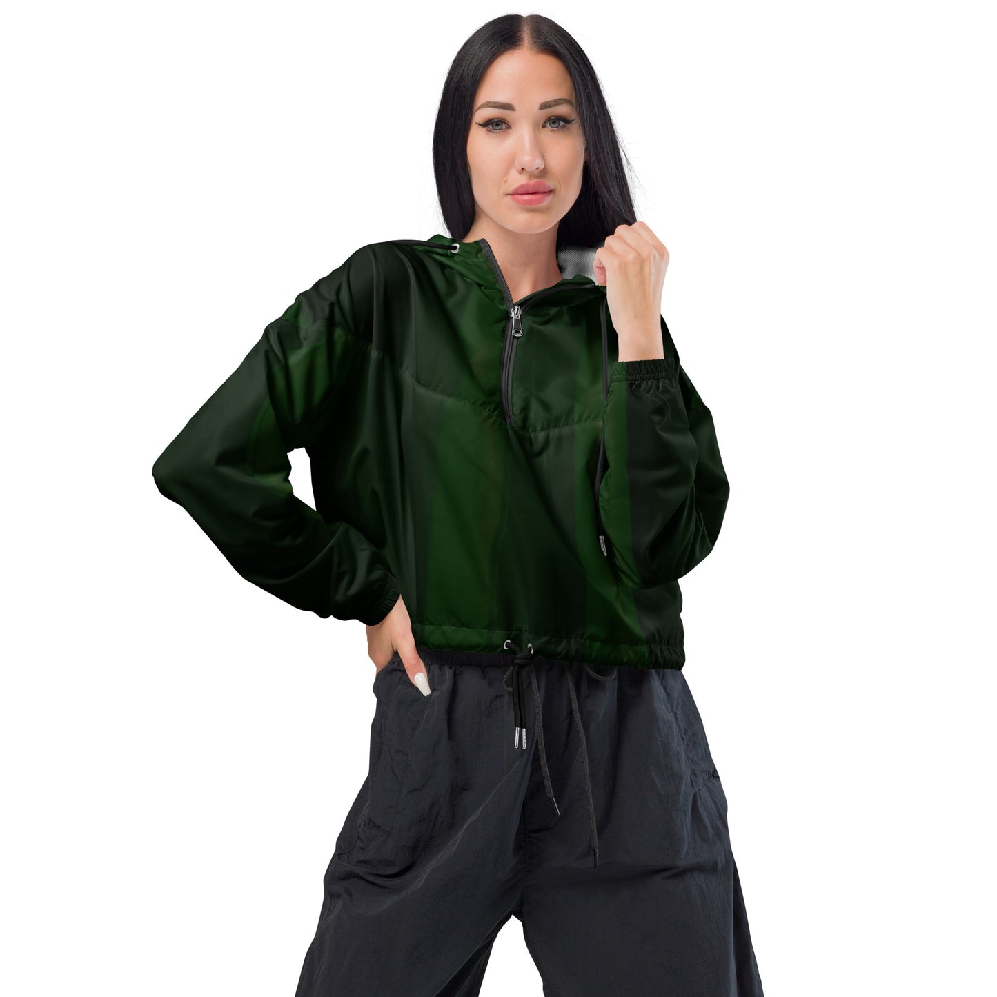 Green Cropped Windbreaker Hoodie – Women's Water-Resistant Athletic Jacket