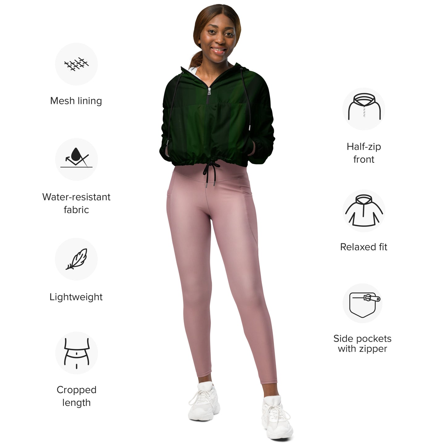 Green Cropped Windbreaker Hoodie – Women's Water-Resistant Athletic Jacket
