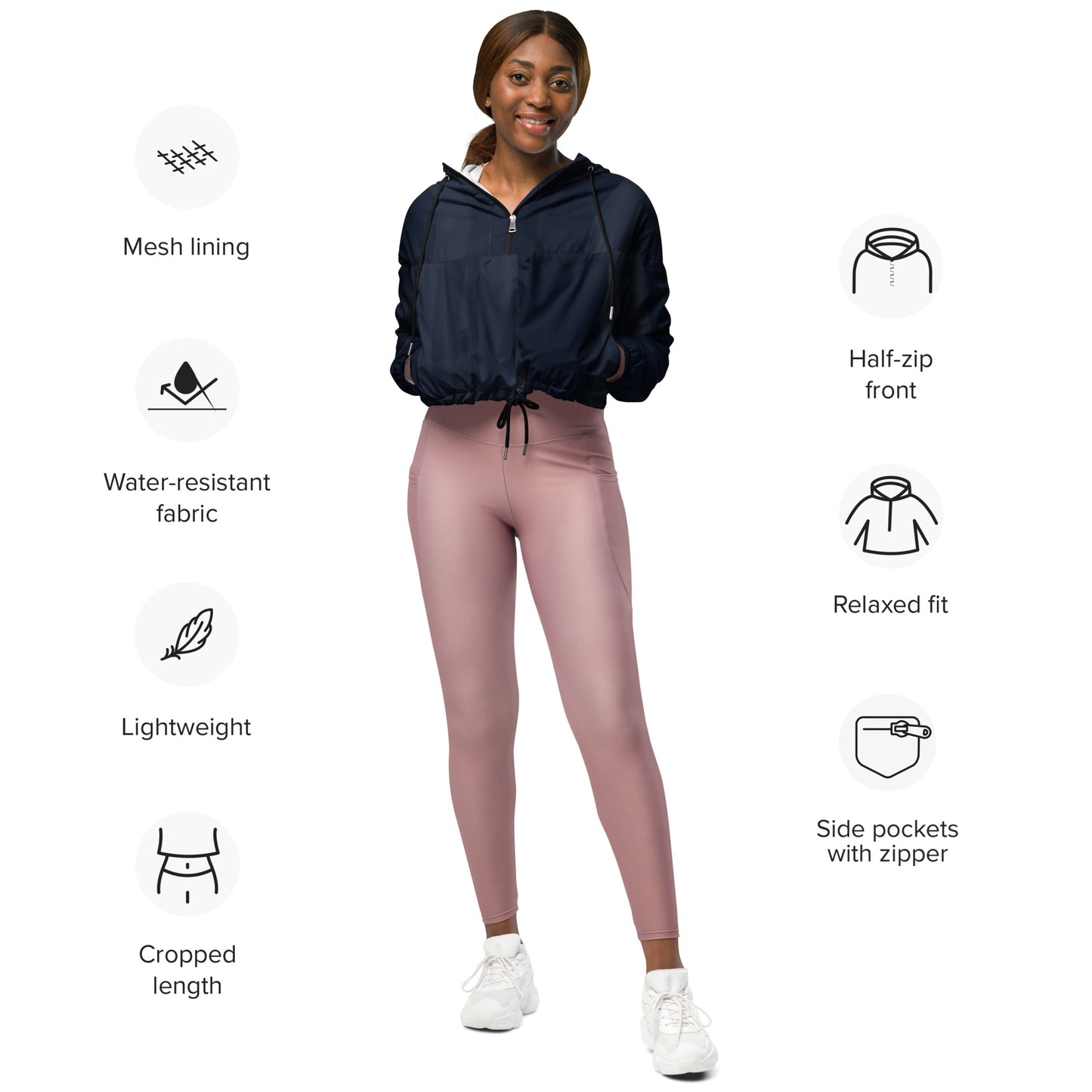 Indigo Cropped Windbreaker Hoodie – Women's Water-Resistant Athletic Jacket