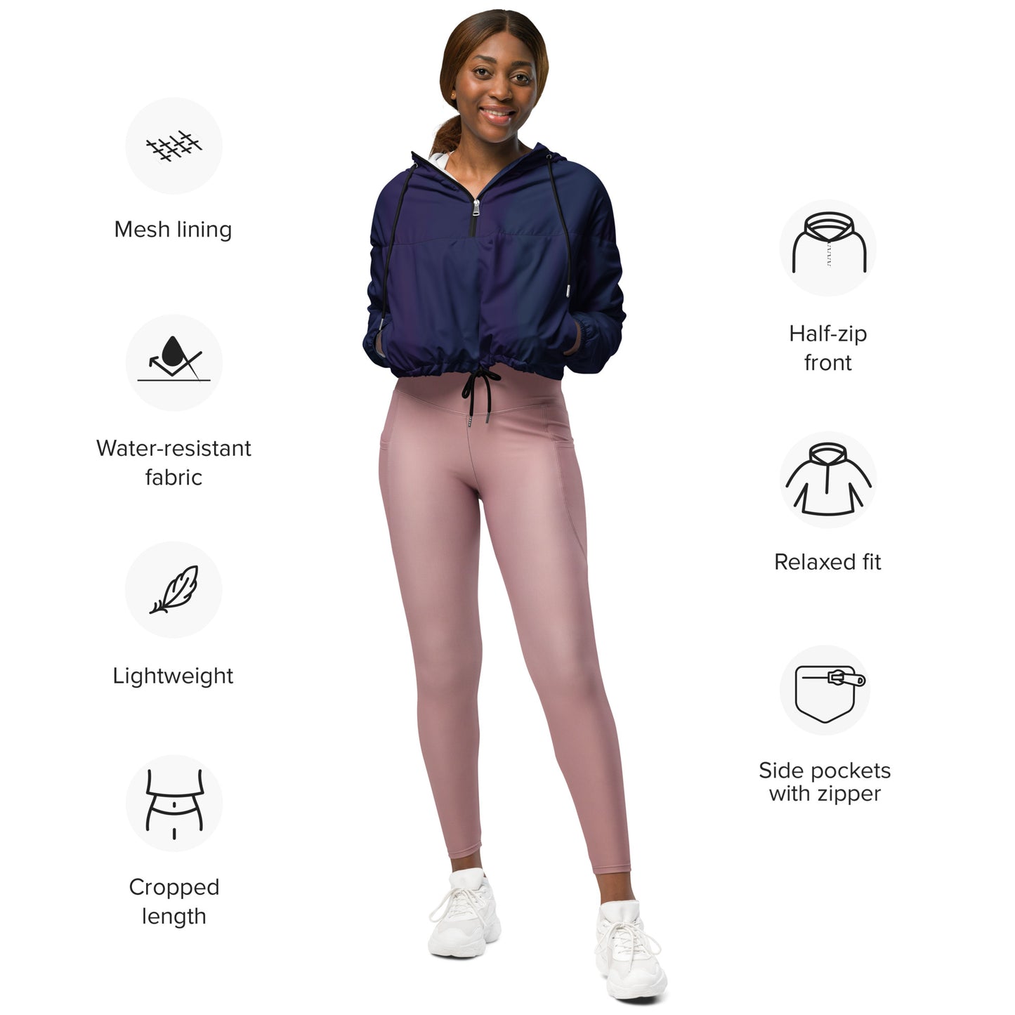 Purple Cropped Windbreaker Hoodie – Women's Water-Resistant Athletic Jacket