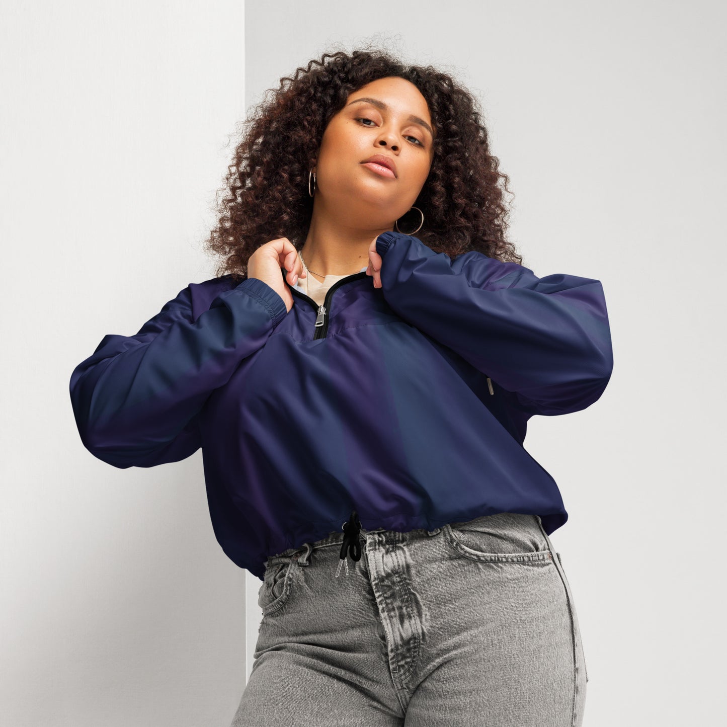 Purple Cropped Windbreaker Hoodie – Women's Water-Resistant Athletic Jacket