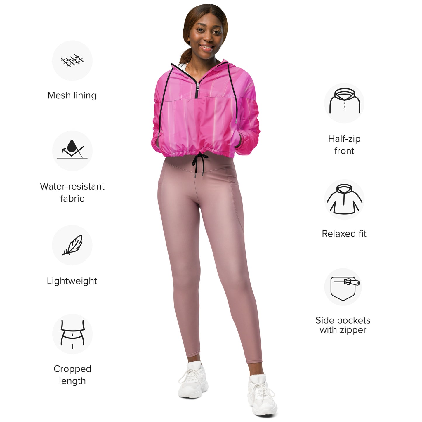 Pink Cropped Windbreaker Hoodie – Women's Water-Resistant Outdoor Jacket