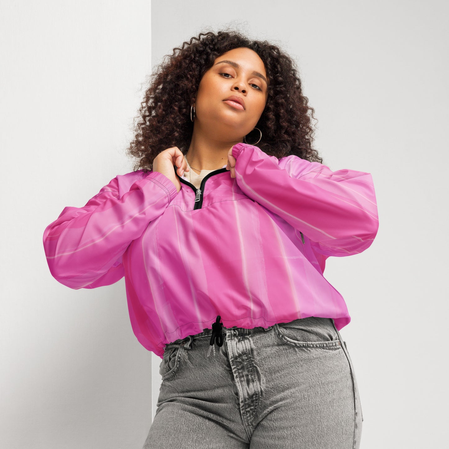Pink Cropped Windbreaker Hoodie – Women's Water-Resistant Outdoor Jacket
