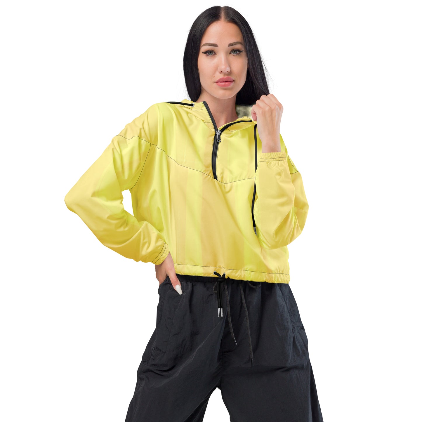 Lemon Yellow Cropped Windbreaker Hoodie – Women's Water-Resistant Athletic Jacket