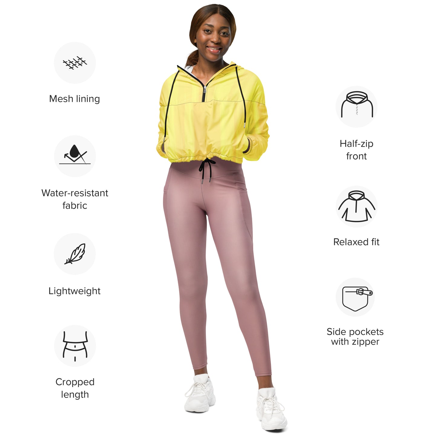 Lemon Yellow Cropped Windbreaker Hoodie – Women's Water-Resistant Athletic Jacket