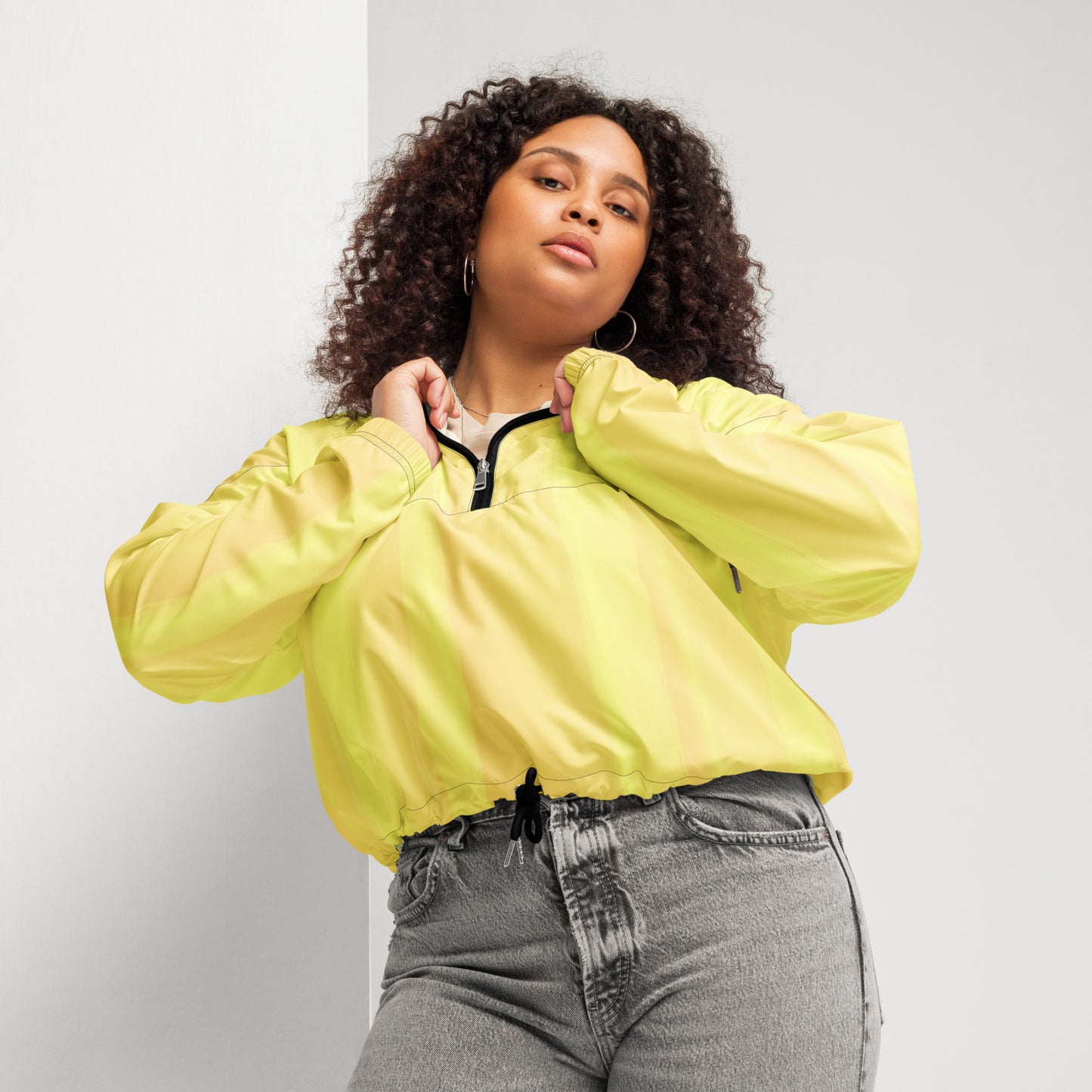 Lemon Yellow Cropped Windbreaker Hoodie – Women's Water-Resistant Athletic Jacket