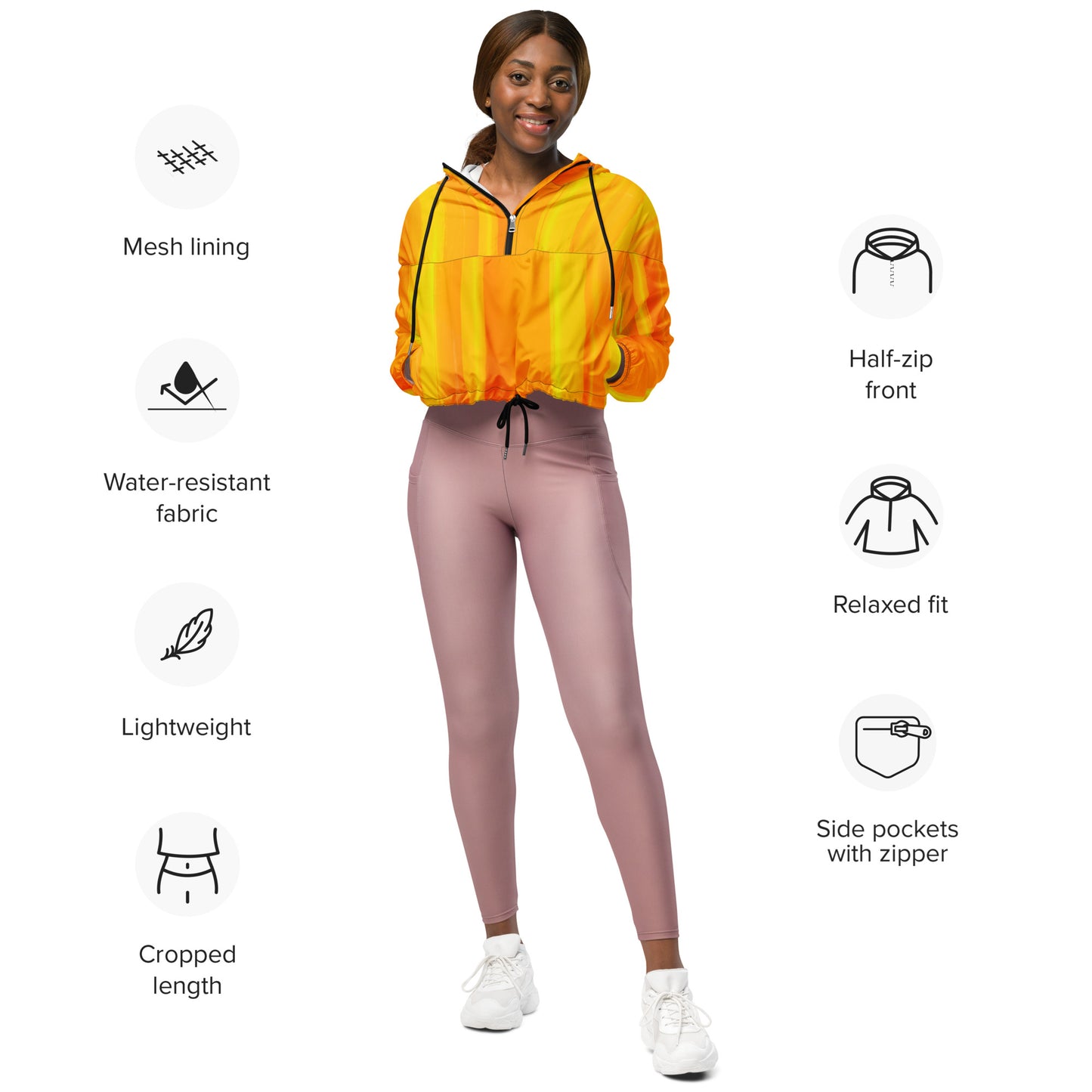 Sunshine Yellow Cropped Windbreaker Hoodie – Women's Water-Resistant Athletic Jacket