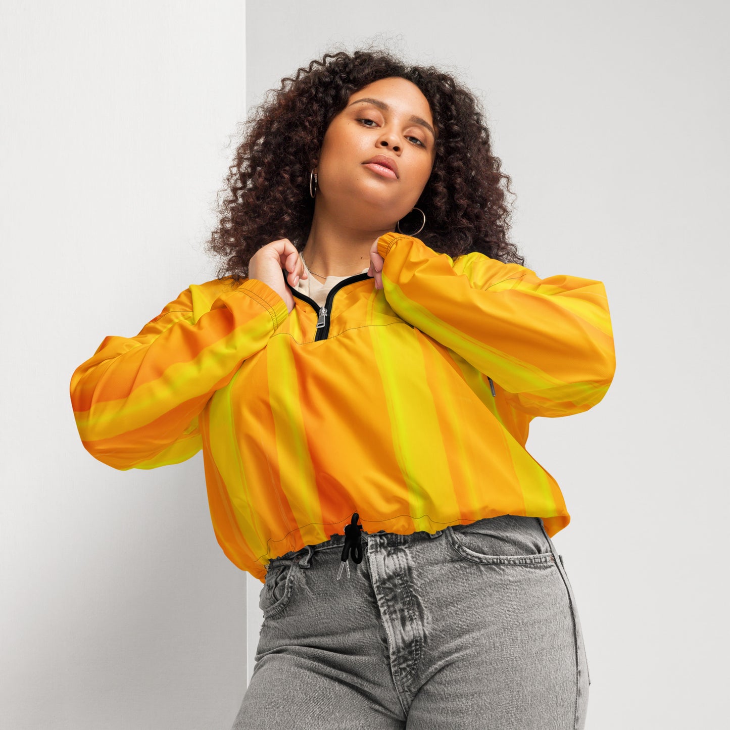 Sunshine Yellow Cropped Windbreaker Hoodie – Women's Water-Resistant Athletic Jacket