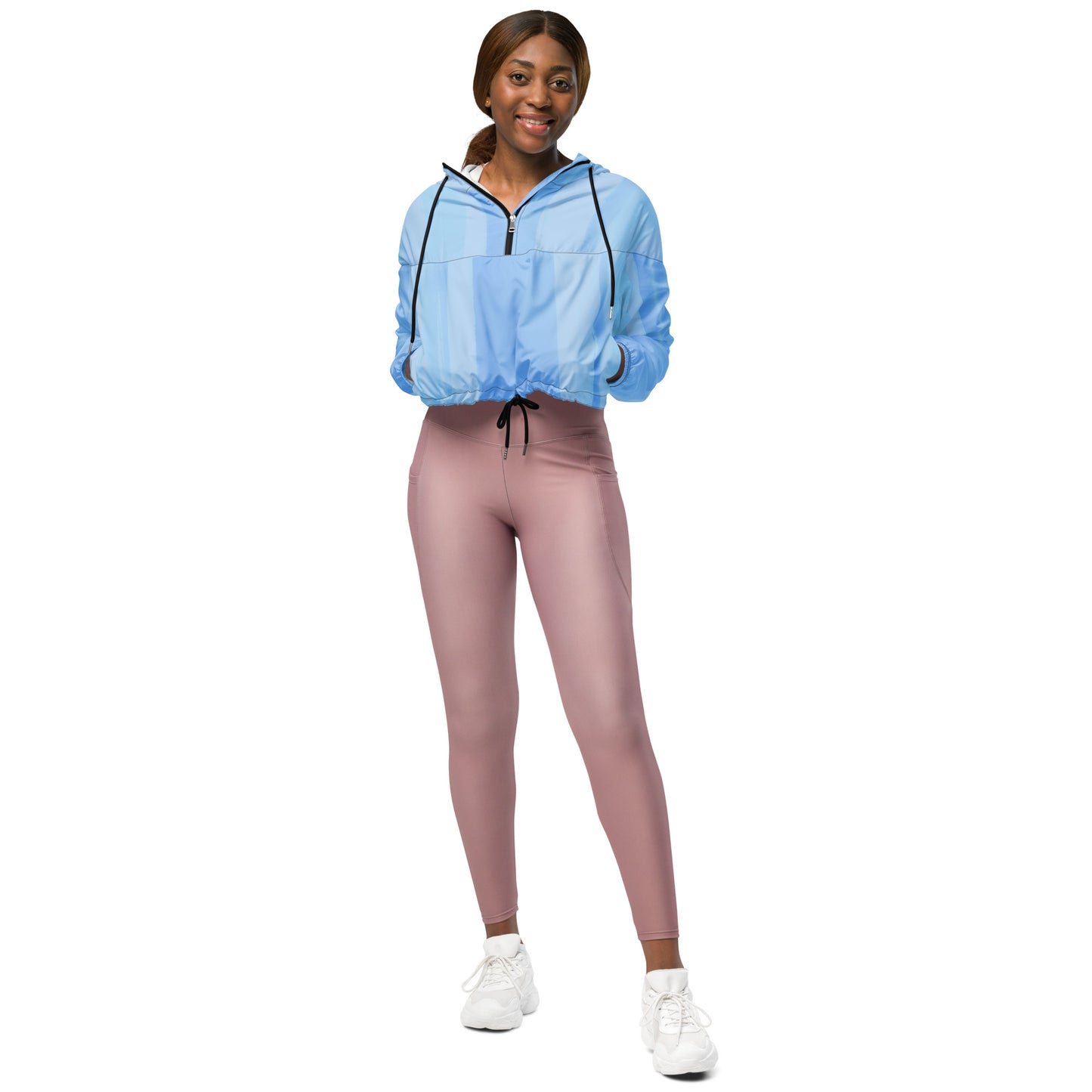 Light Blue Cropped Windbreaker Hoodie – Women's Water-Resistant Athletic Jacket