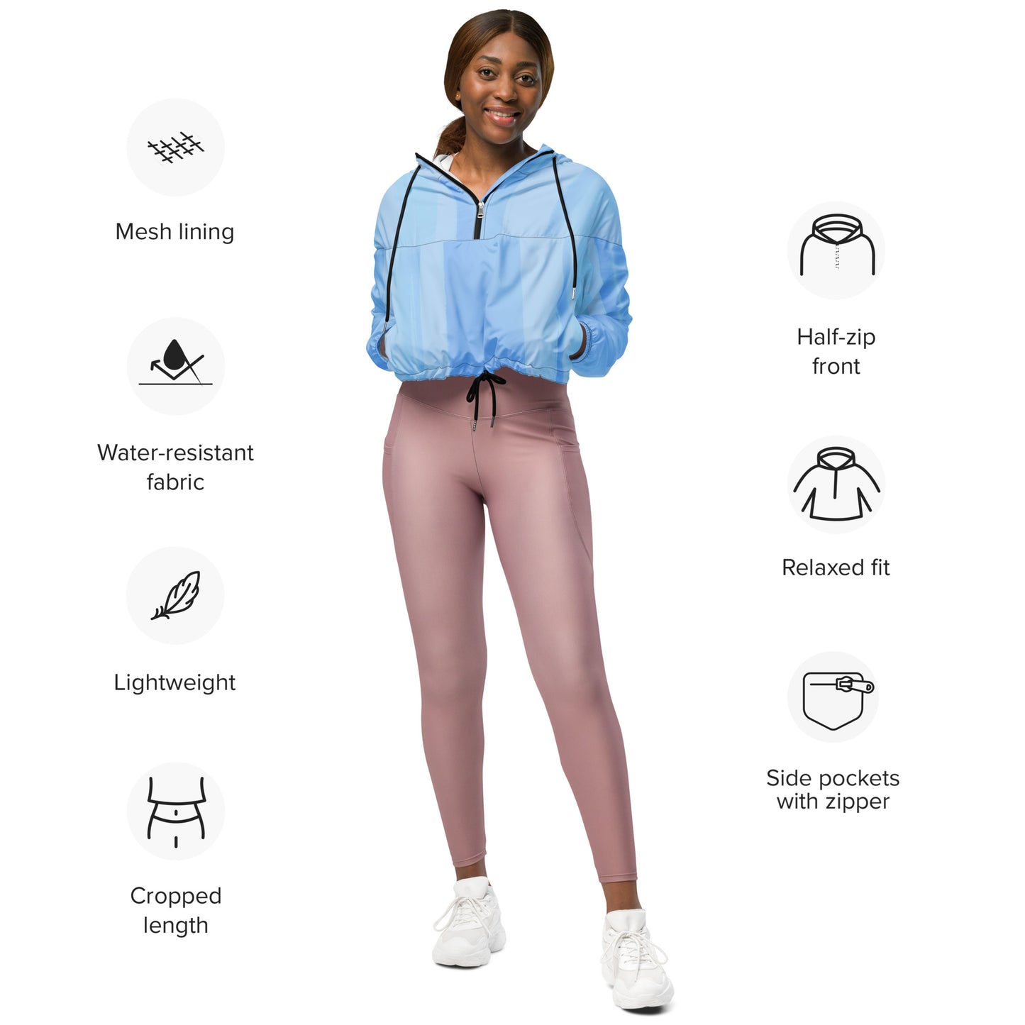 Light Blue Cropped Windbreaker Hoodie – Women's Water-Resistant Athletic Jacket