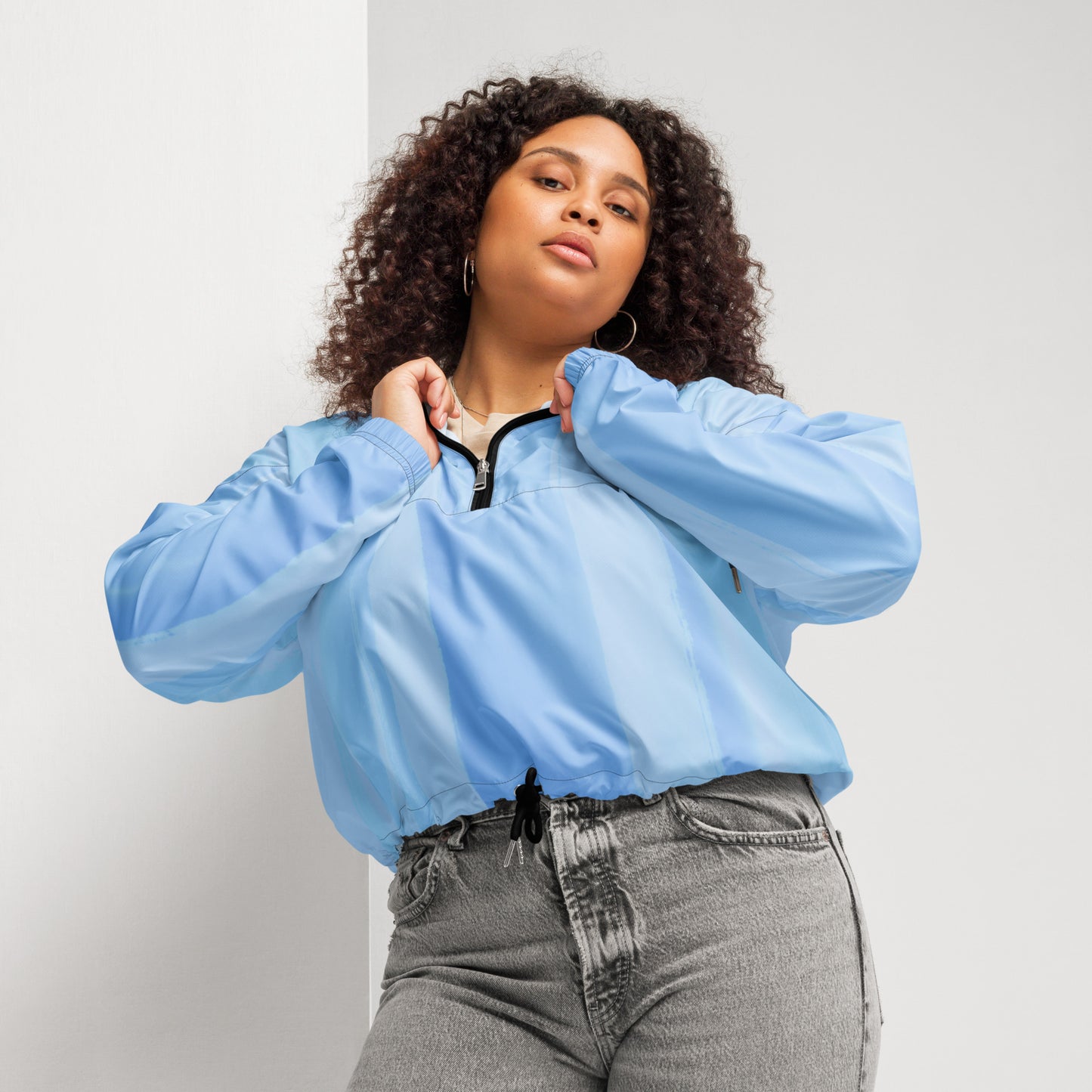 Light Blue Cropped Windbreaker Hoodie – Women's Water-Resistant Athletic Jacket