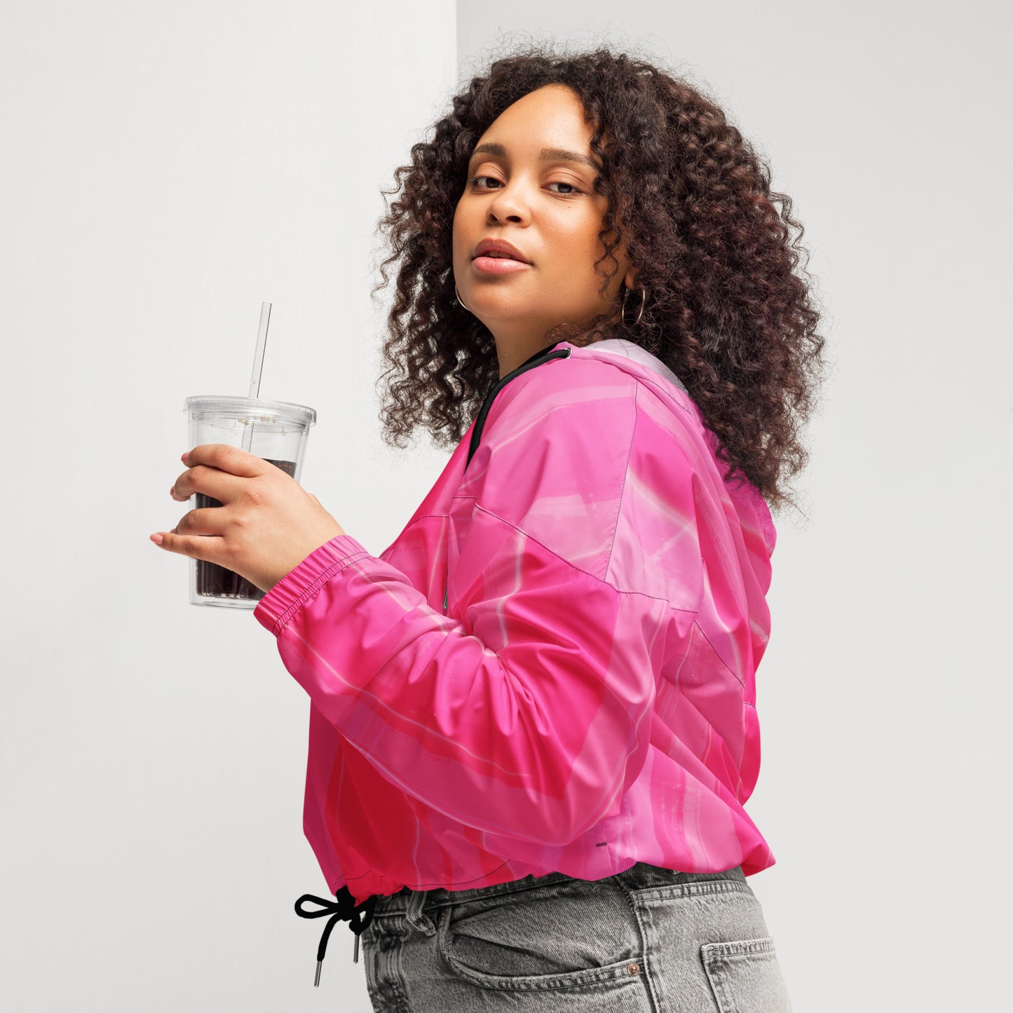 Hot Pink Cropped Windbreaker Hoodie – Women's Water-Resistant Athletic Jacket