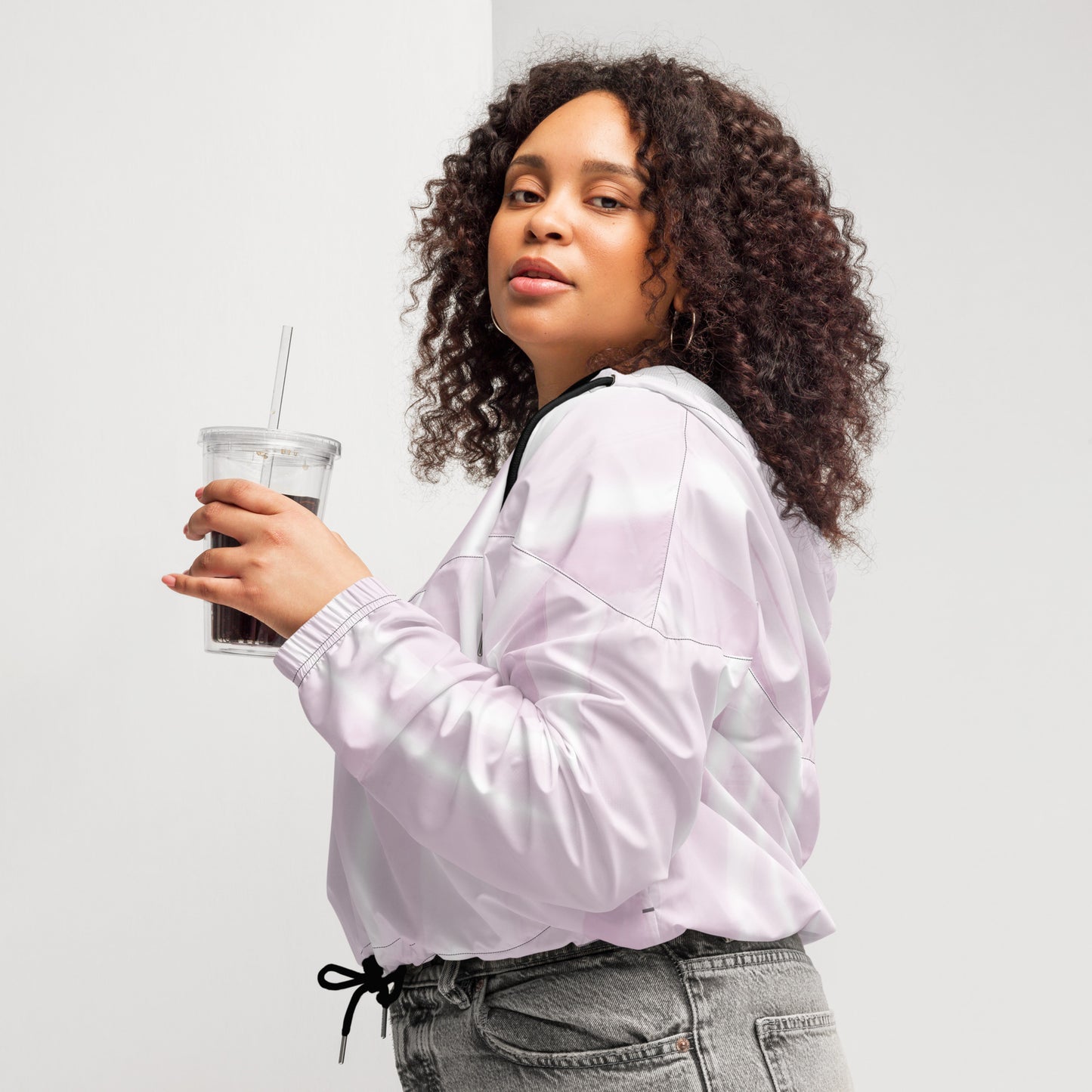 Baby Pink & White Cropped Windbreaker Hoodie – Women's Water-Resistant Jacket