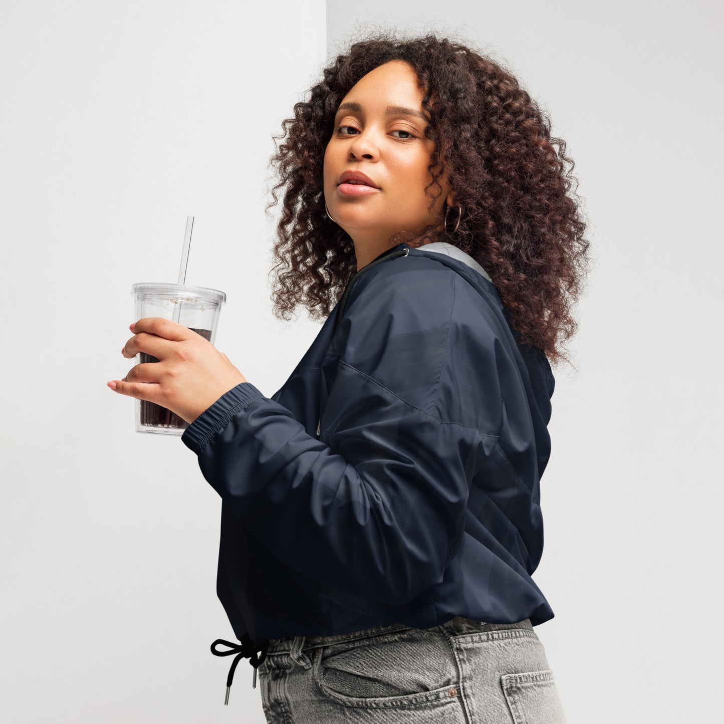 Indigo Cropped Windbreaker Hoodie – Women's Water-Resistant Athletic Jacket