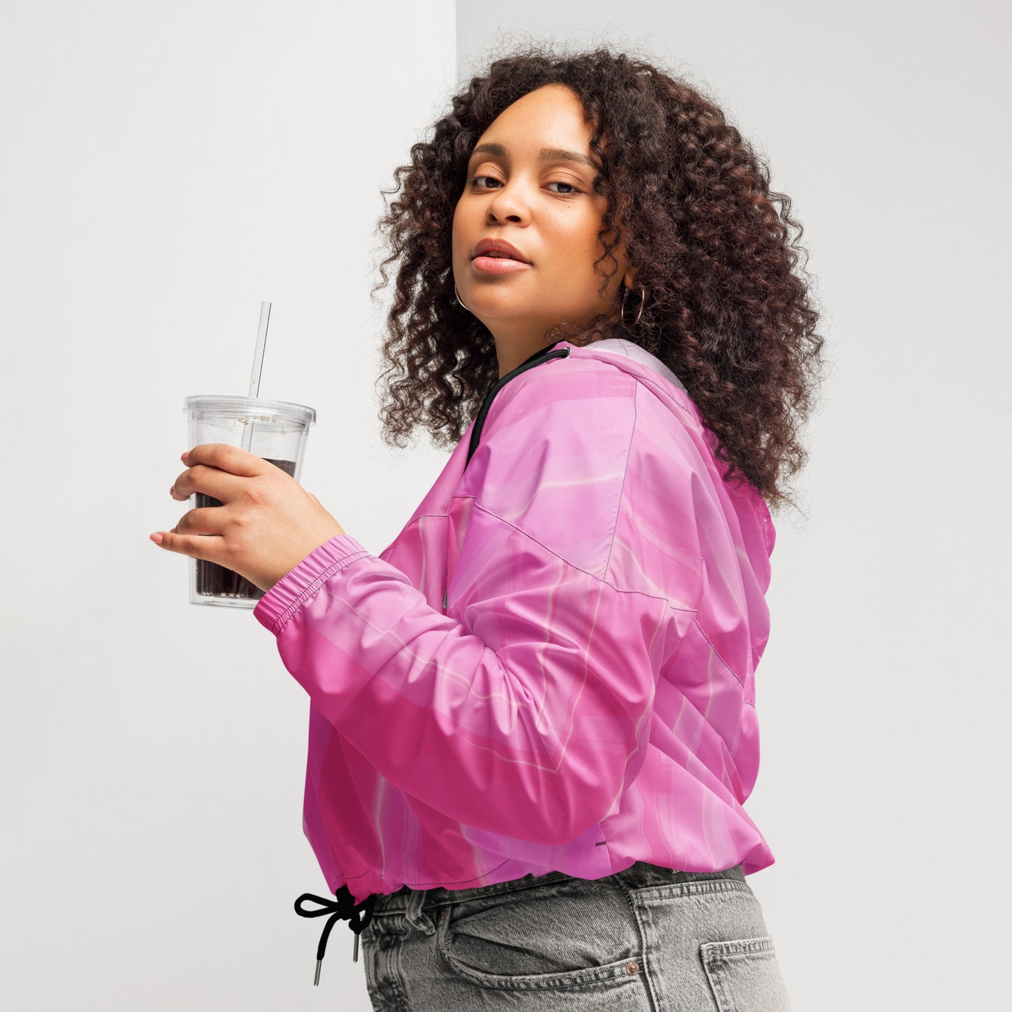Pink Cropped Windbreaker Hoodie – Women's Water-Resistant Outdoor Jacket