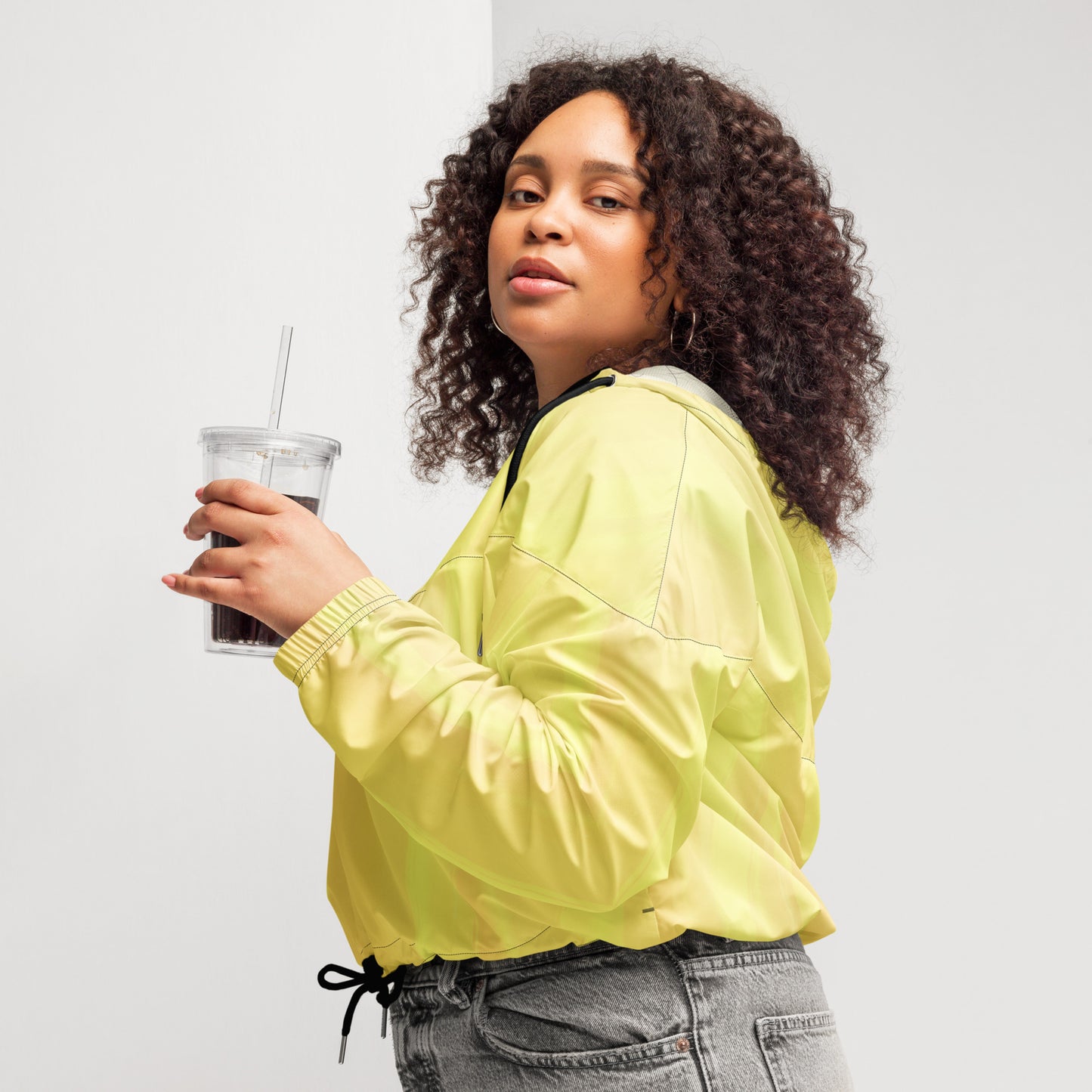 Lemon Yellow Cropped Windbreaker Hoodie – Women's Water-Resistant Athletic Jacket