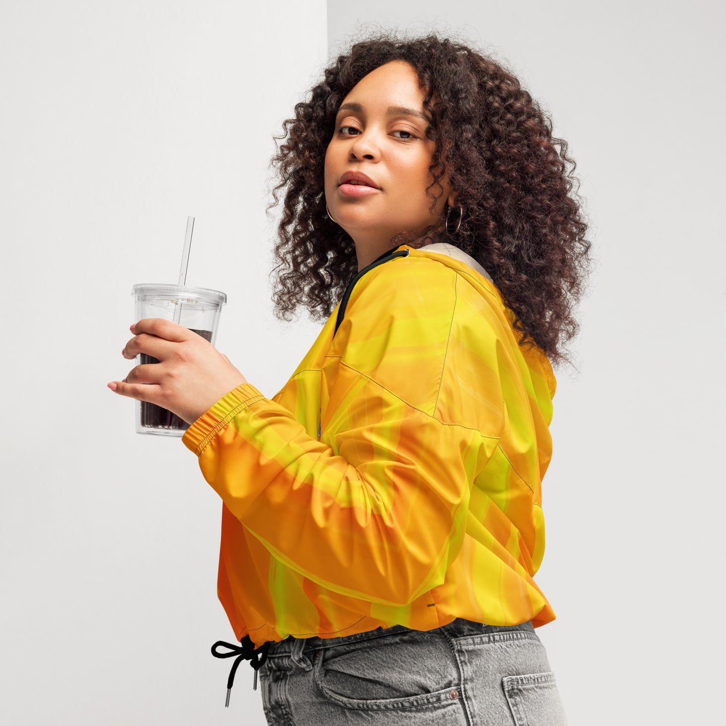 Sunshine Yellow Cropped Windbreaker Hoodie – Women's Water-Resistant Athletic Jacket
