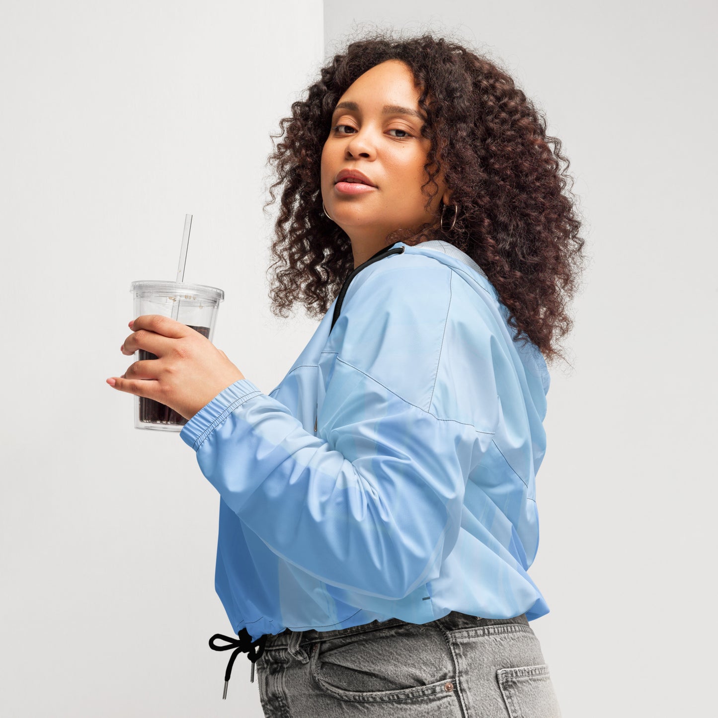 Light Blue Cropped Windbreaker Hoodie – Women's Water-Resistant Athletic Jacket