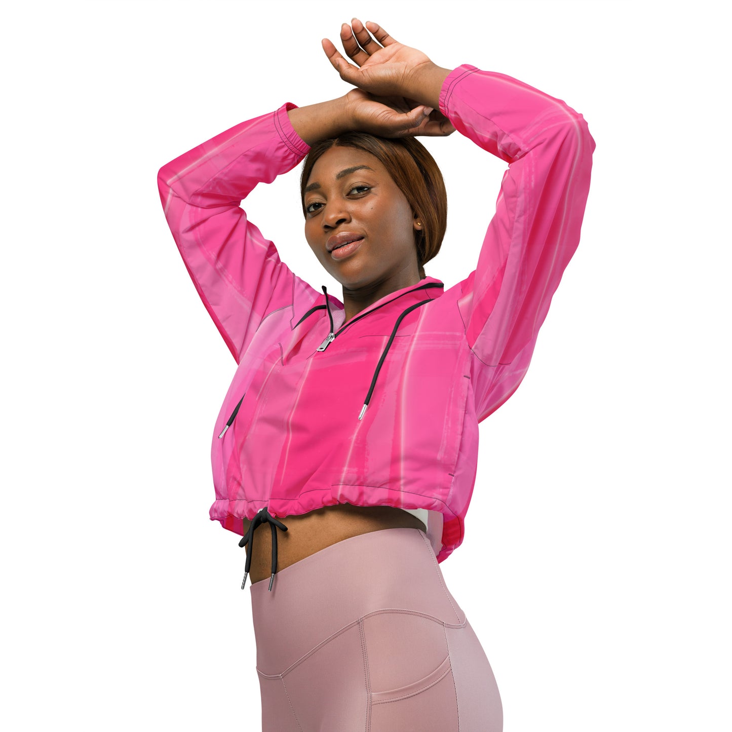 Hot Pink Cropped Windbreaker Hoodie – Women's Water-Resistant Athletic Jacket