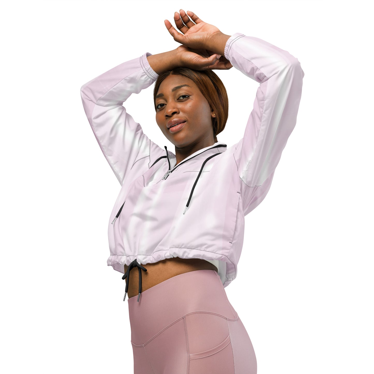 Baby Pink & White Cropped Windbreaker Hoodie – Women's Water-Resistant Jacket