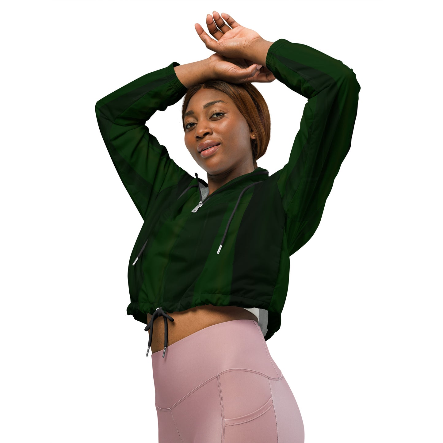Green Cropped Windbreaker Hoodie – Women's Water-Resistant Athletic Jacket