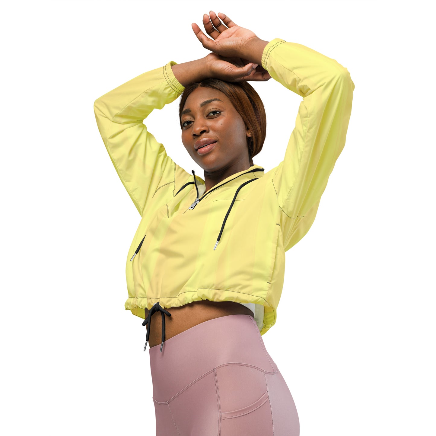 Lemon Yellow Cropped Windbreaker Hoodie – Women's Water-Resistant Athletic Jacket