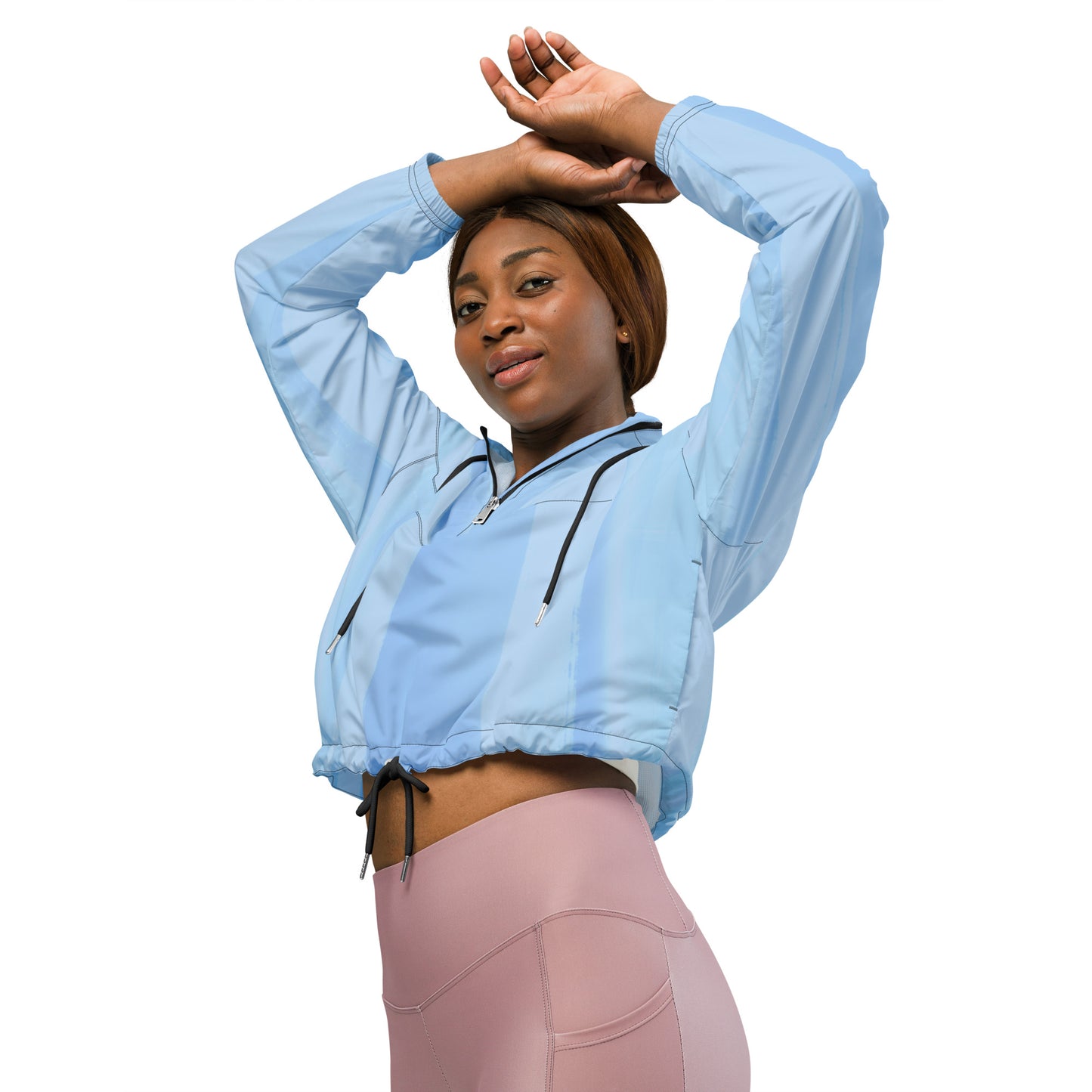 Light Blue Cropped Windbreaker Hoodie – Women's Water-Resistant Athletic Jacket