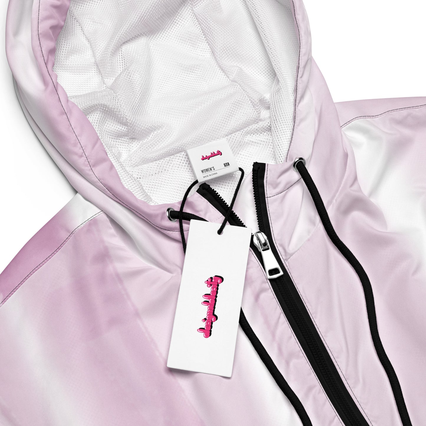 Baby Pink & White Cropped Windbreaker Hoodie – Women's Water-Resistant Jacket