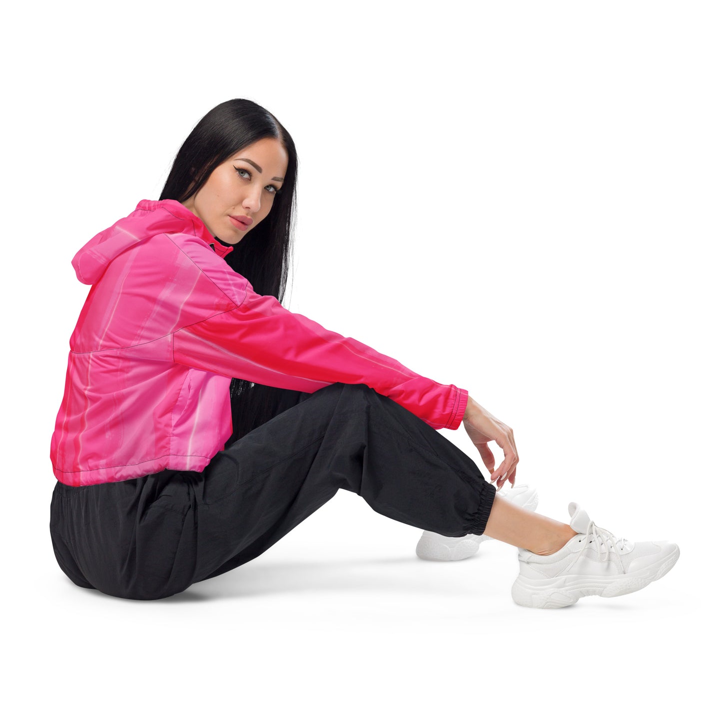 Hot Pink Cropped Windbreaker Hoodie – Women's Water-Resistant Athletic Jacket