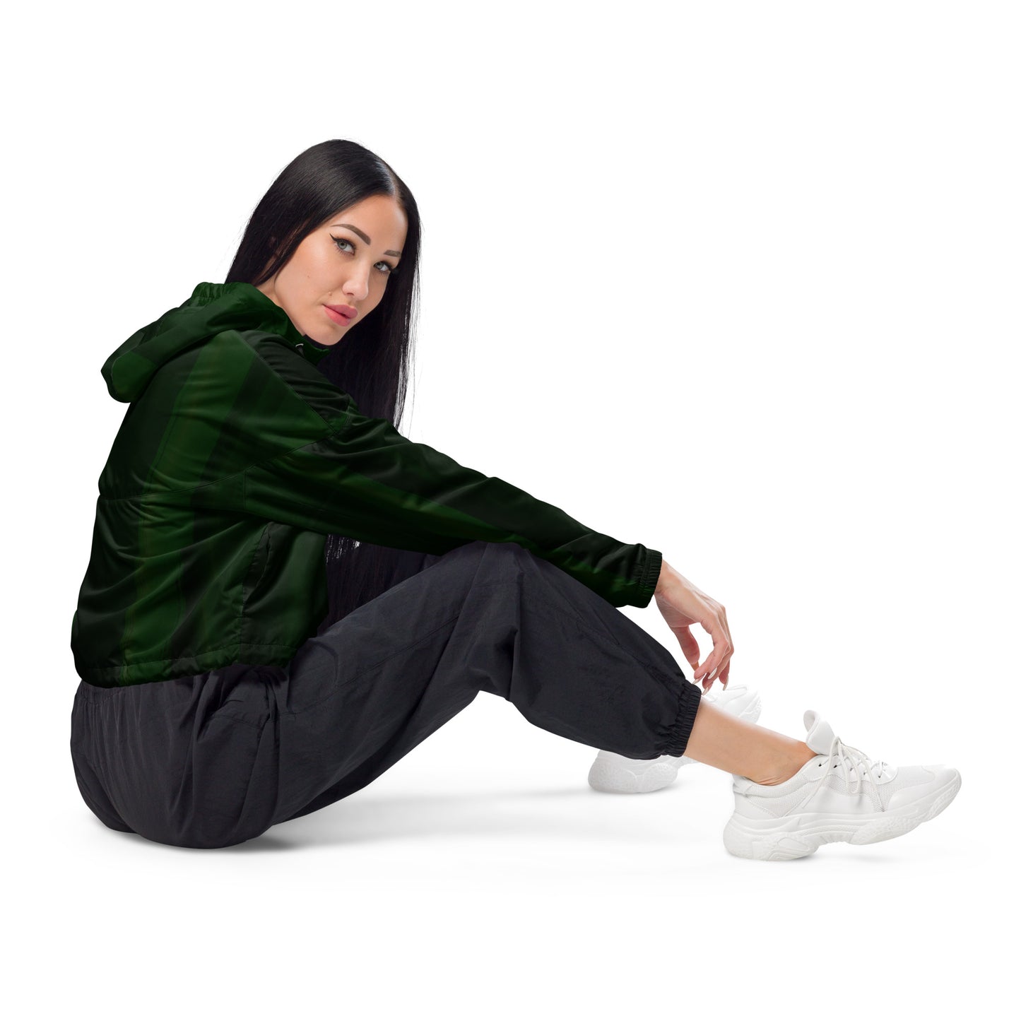 Green Cropped Windbreaker Hoodie – Women's Water-Resistant Athletic Jacket