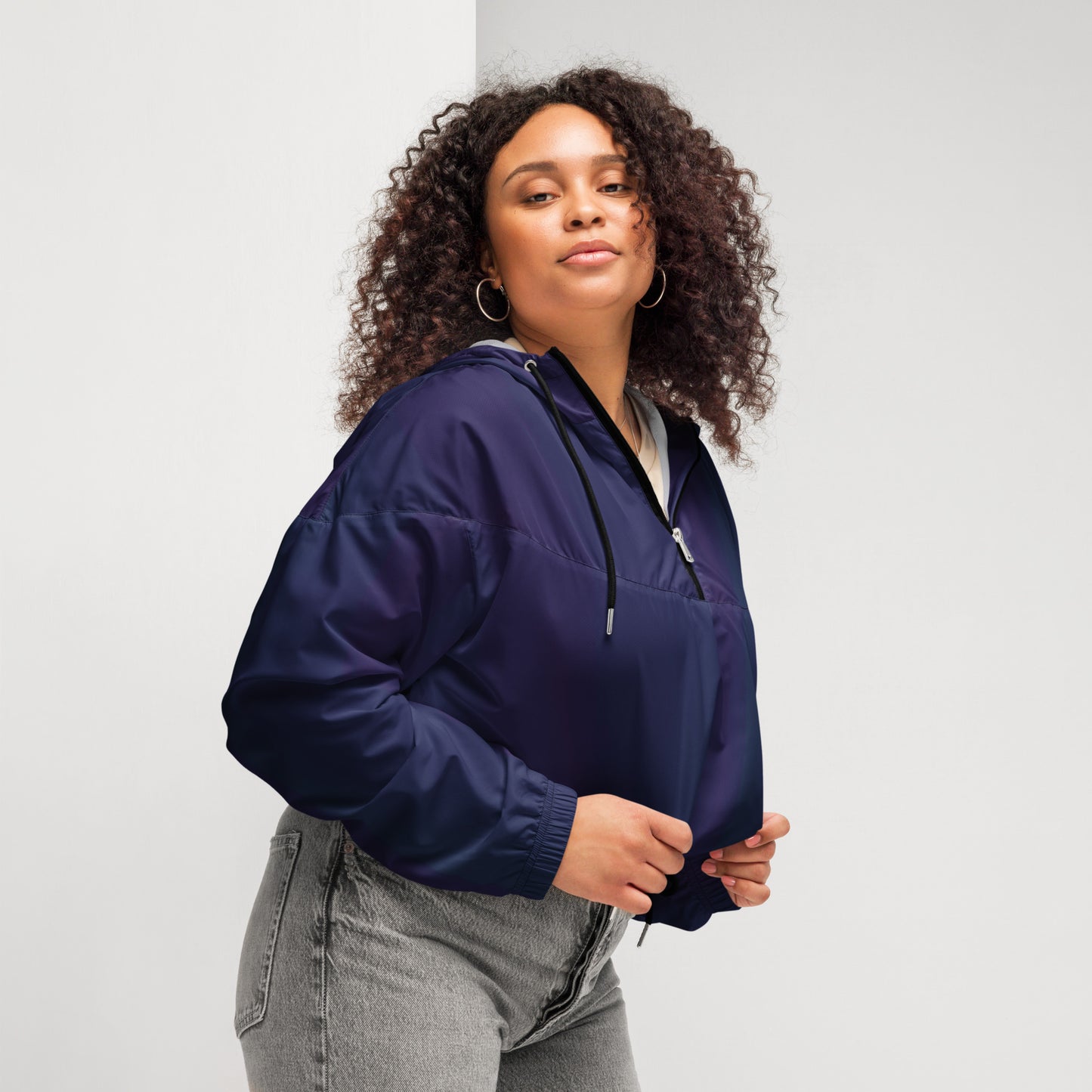 Purple Cropped Windbreaker Hoodie – Women's Water-Resistant Athletic Jacket