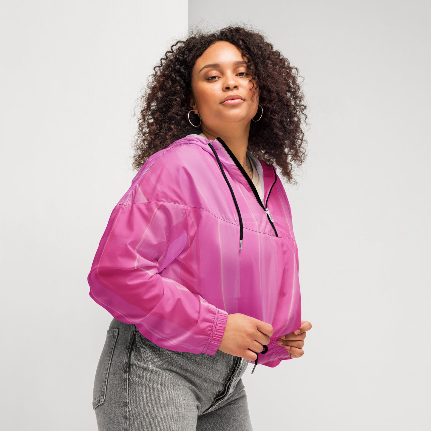 Pink Cropped Windbreaker Hoodie – Women's Water-Resistant Outdoor Jacket