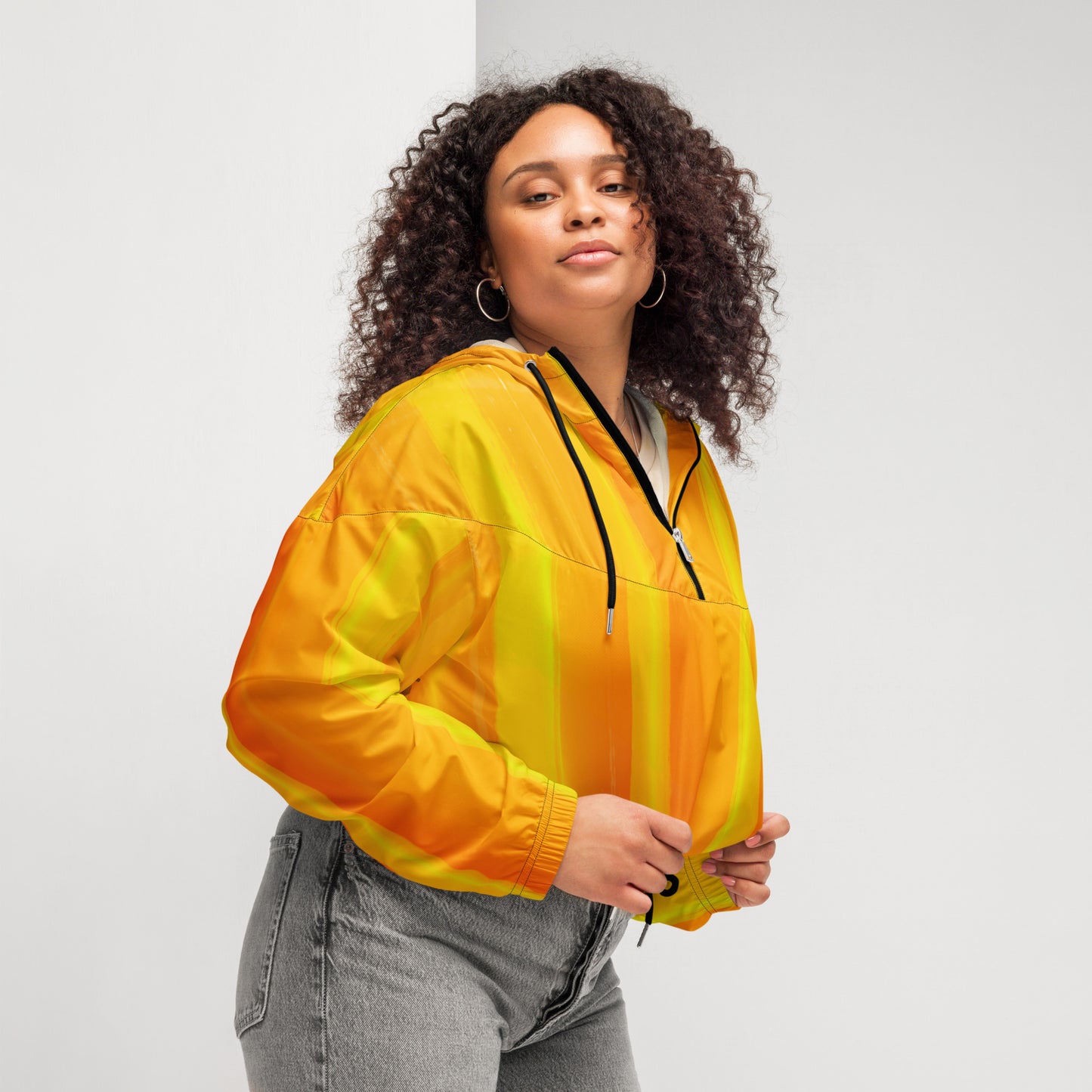 Sunshine Yellow Cropped Windbreaker Hoodie – Women's Water-Resistant Athletic Jacket
