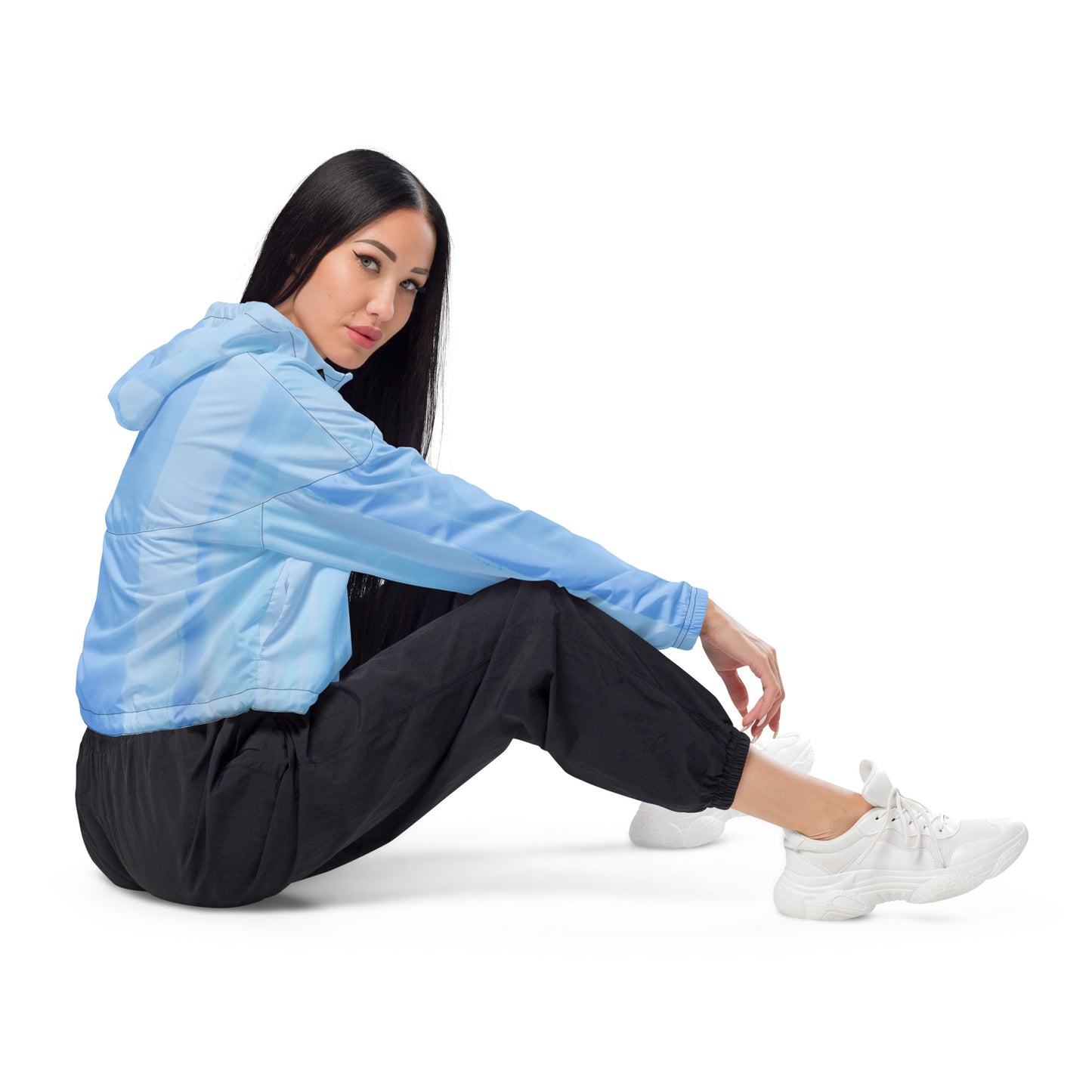 Light Blue Cropped Windbreaker Hoodie – Women's Water-Resistant Athletic Jacket