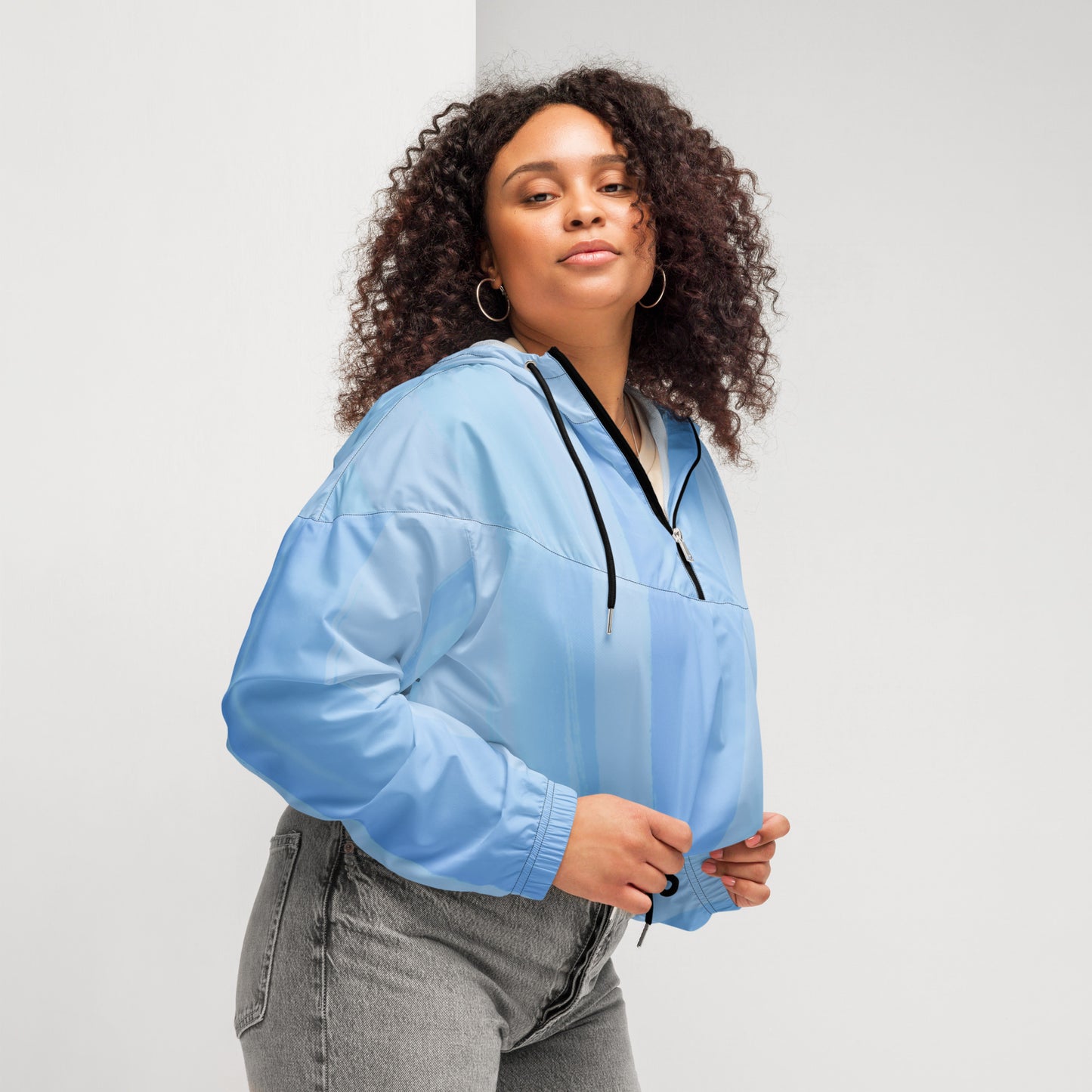 Light Blue Cropped Windbreaker Hoodie – Women's Water-Resistant Athletic Jacket