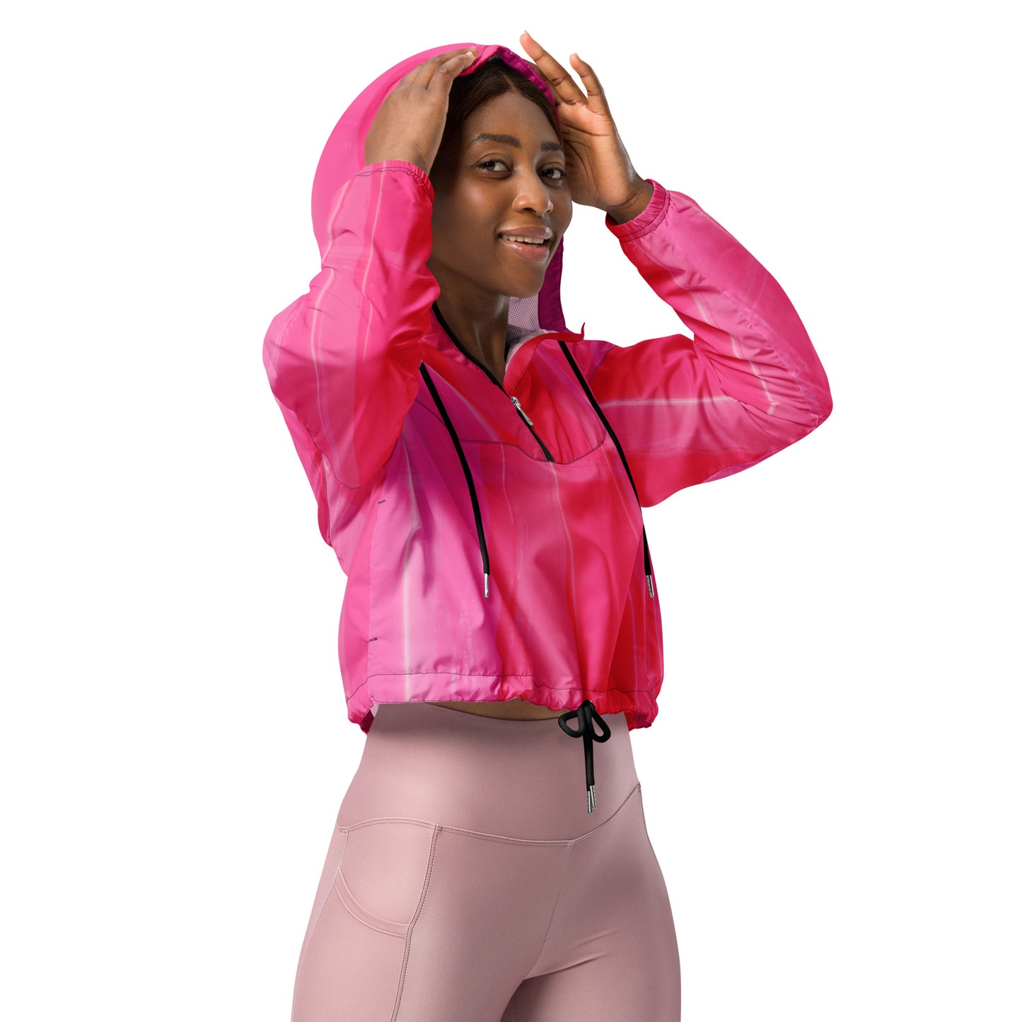 Hot Pink Cropped Windbreaker Hoodie – Women's Water-Resistant Athletic Jacket