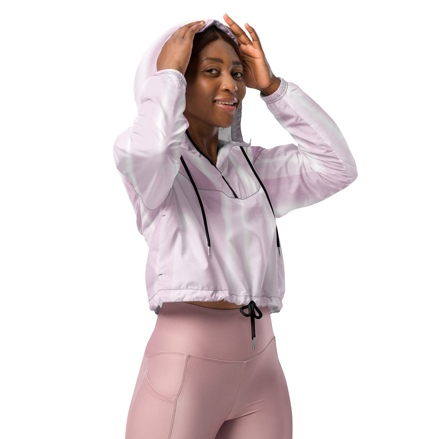 Baby Pink & White Cropped Windbreaker Hoodie – Women's Water-Resistant Jacket