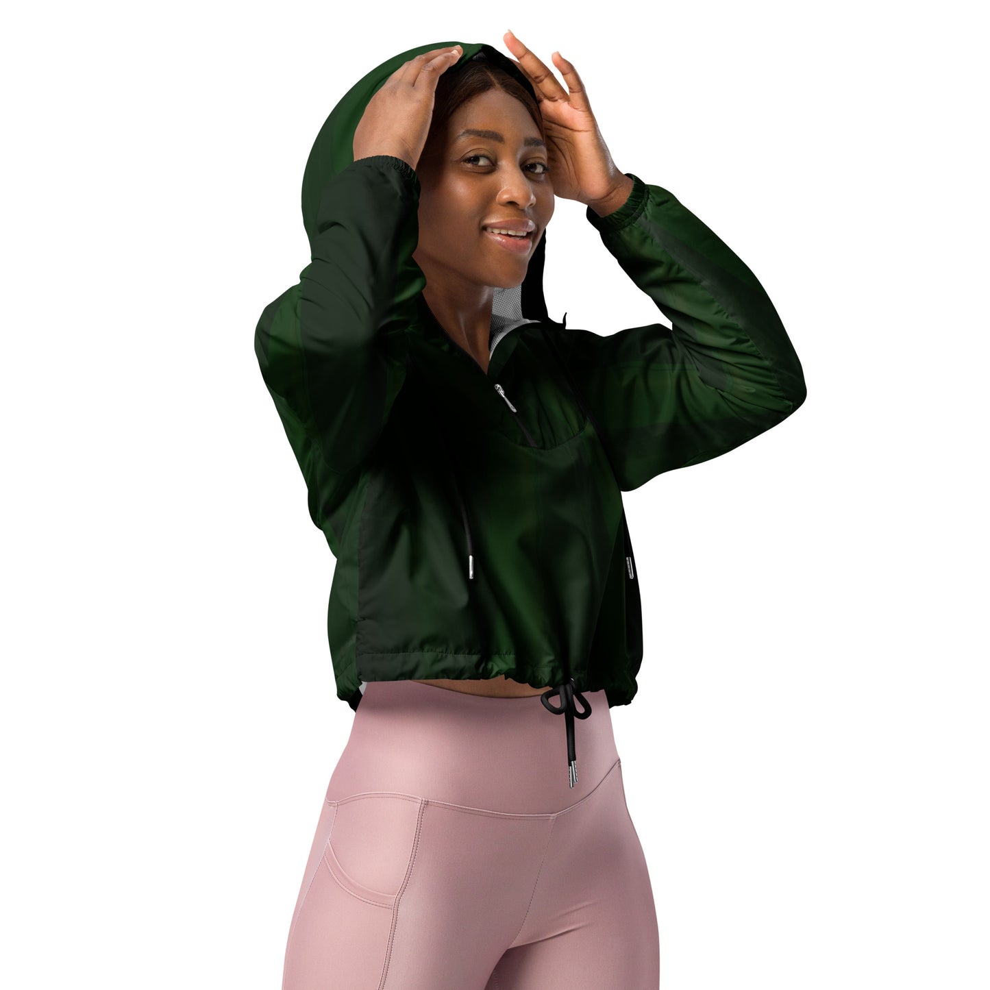 Green Cropped Windbreaker Hoodie – Women's Water-Resistant Athletic Jacket