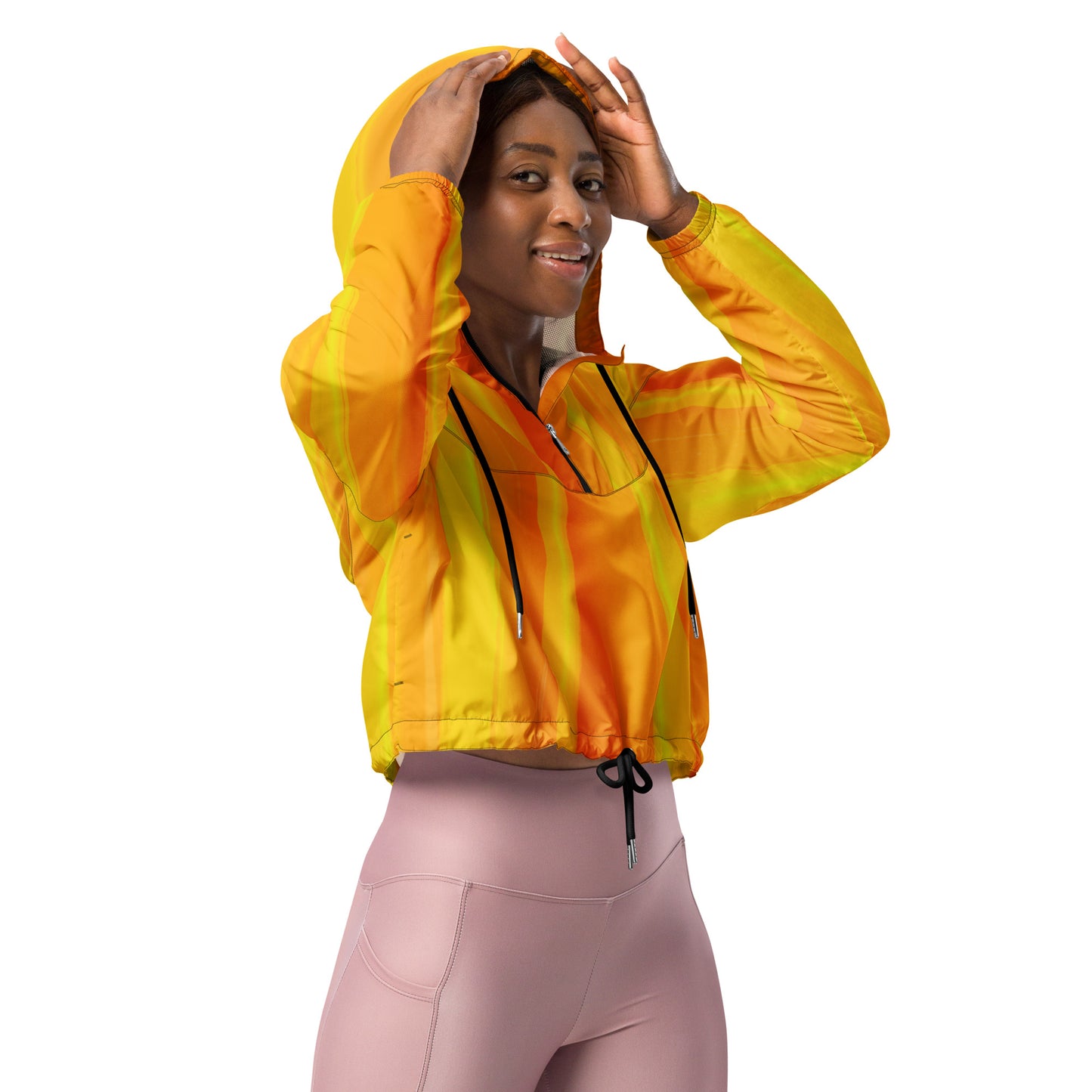 Sunshine Yellow Cropped Windbreaker Hoodie – Women's Water-Resistant Athletic Jacket