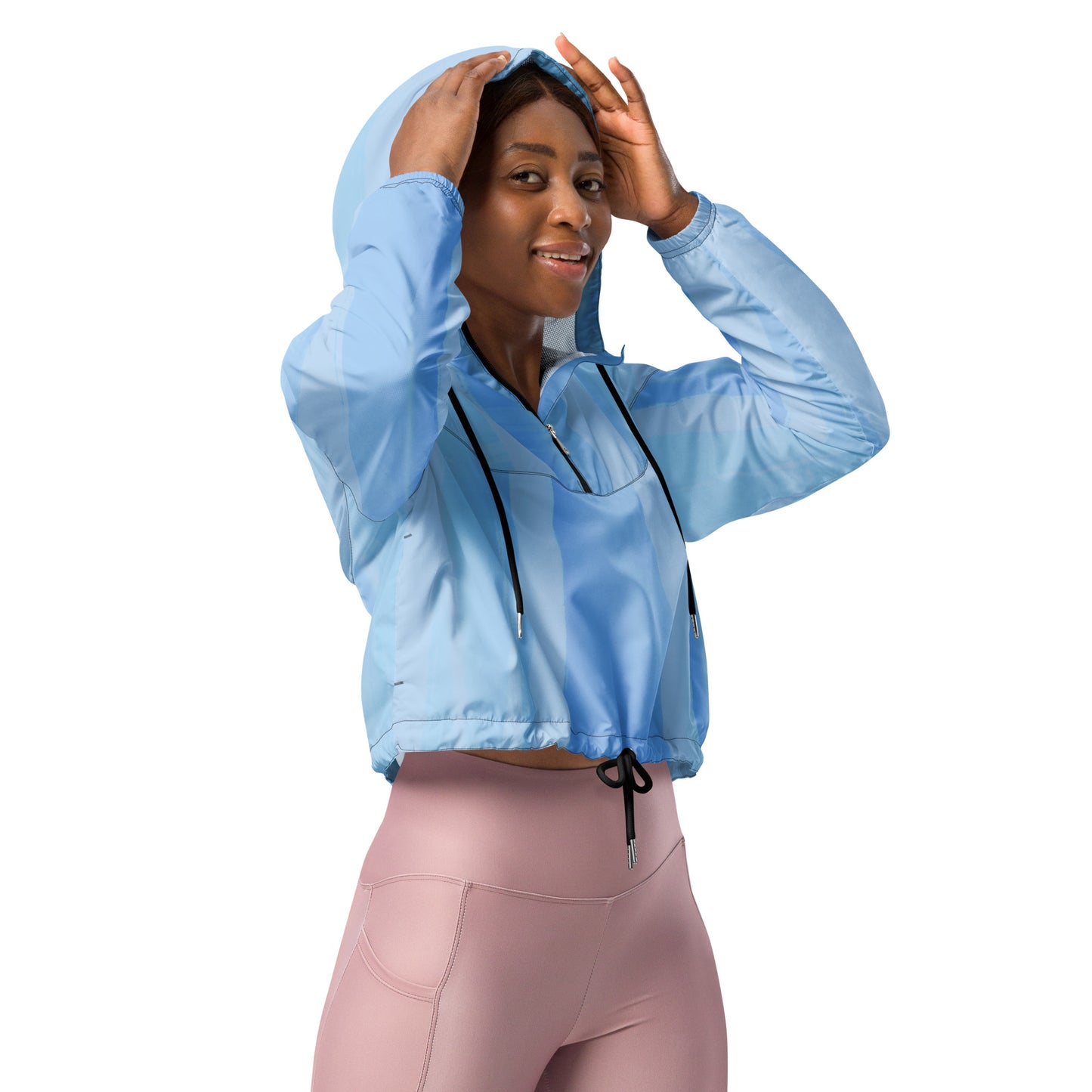 Light Blue Cropped Windbreaker Hoodie – Women's Water-Resistant Athletic Jacket