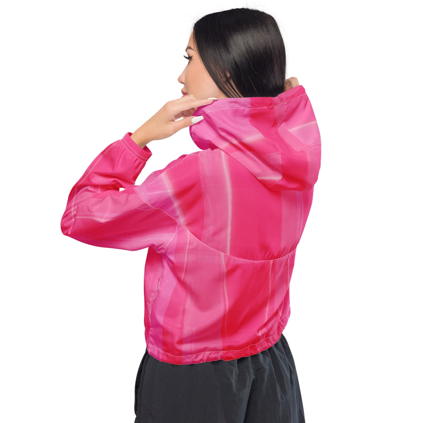 Hot Pink Cropped Windbreaker Hoodie – Women's Water-Resistant Athletic Jacket