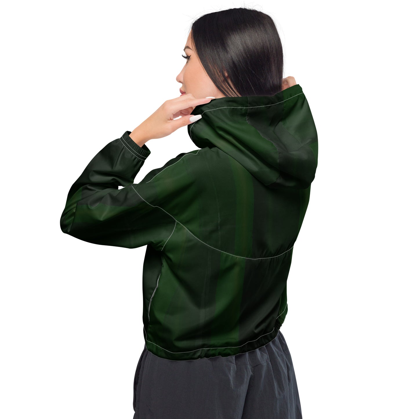 Green Cropped Windbreaker Hoodie – Women's Water-Resistant Athletic Jacket