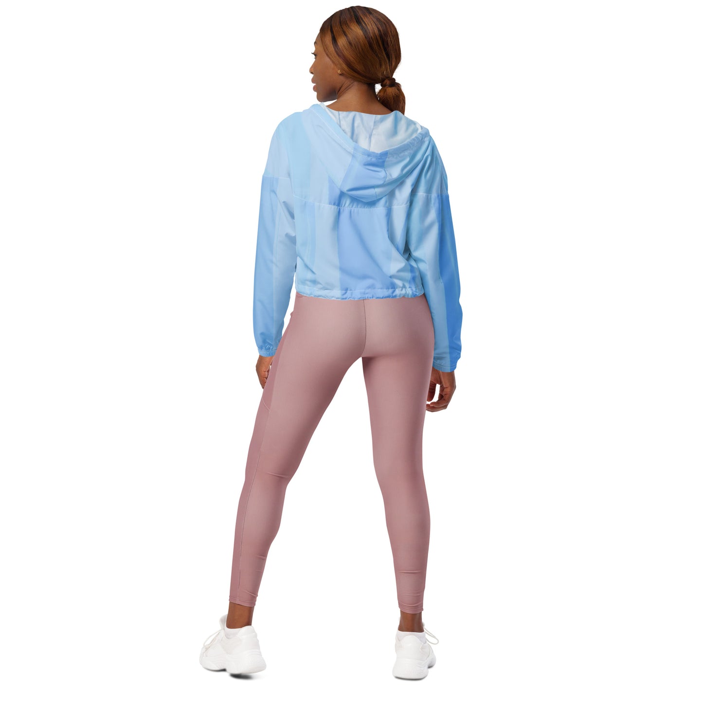Light Blue Cropped Windbreaker Hoodie – Women's Water-Resistant Athletic Jacket