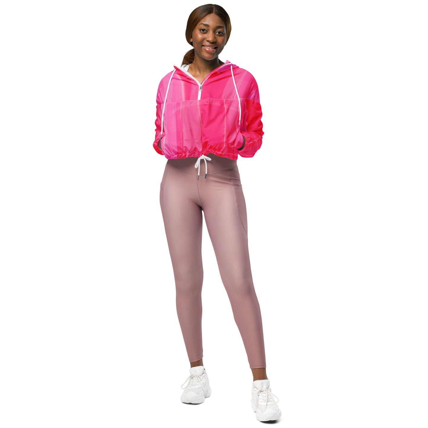 Hot Pink Cropped Windbreaker Hoodie – Women's Water-Resistant Athletic Jacket