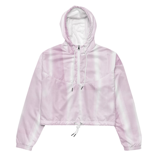 Baby Pink Cropped Windbreaker Hoodie, Pink & White Water-Resistant Athletic Jacket